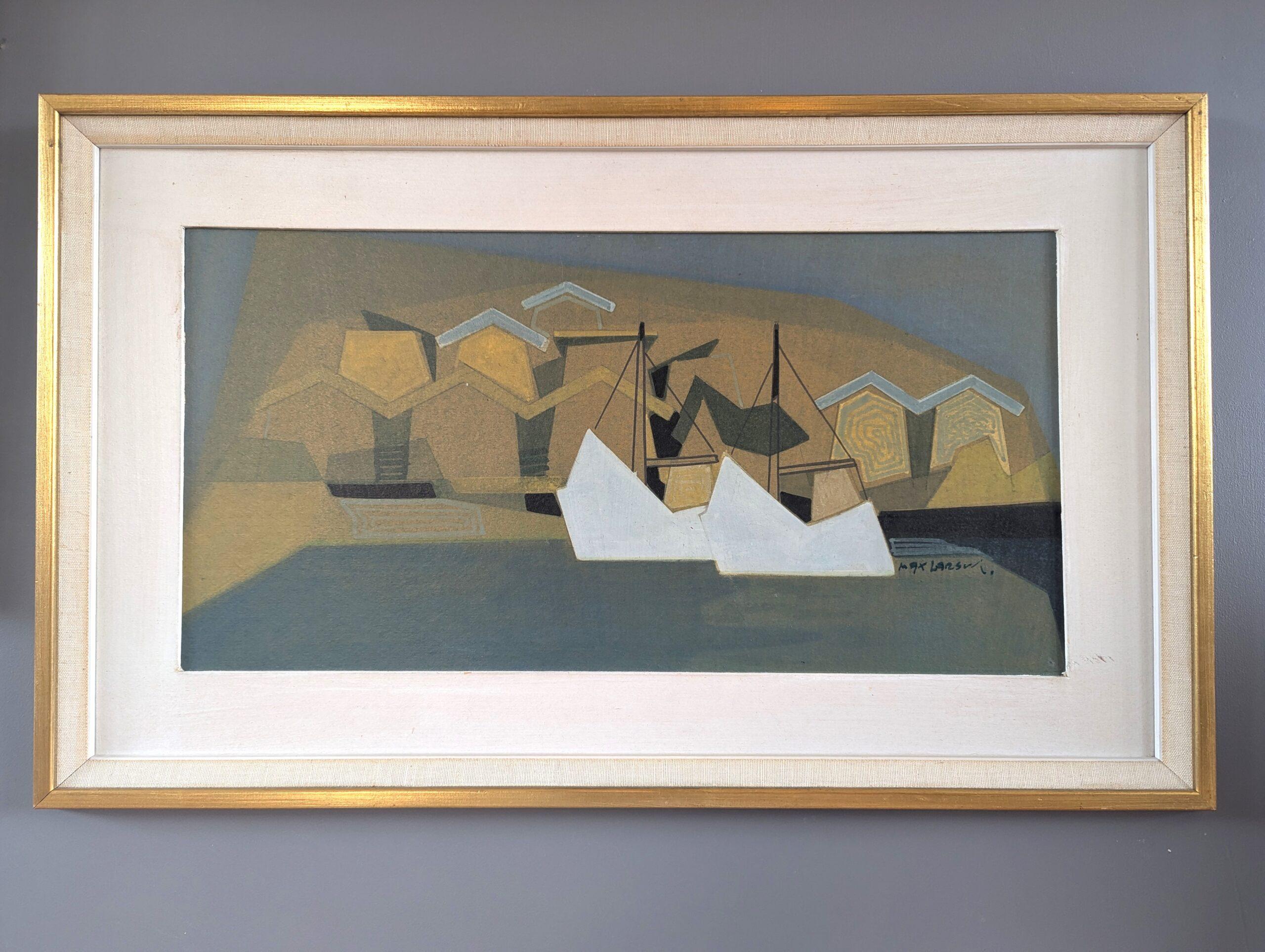 1960 Mid Century Modern Geometric Abstract Oil Painting - Puerto geométrico - Landscape Painting Beige de Unknown