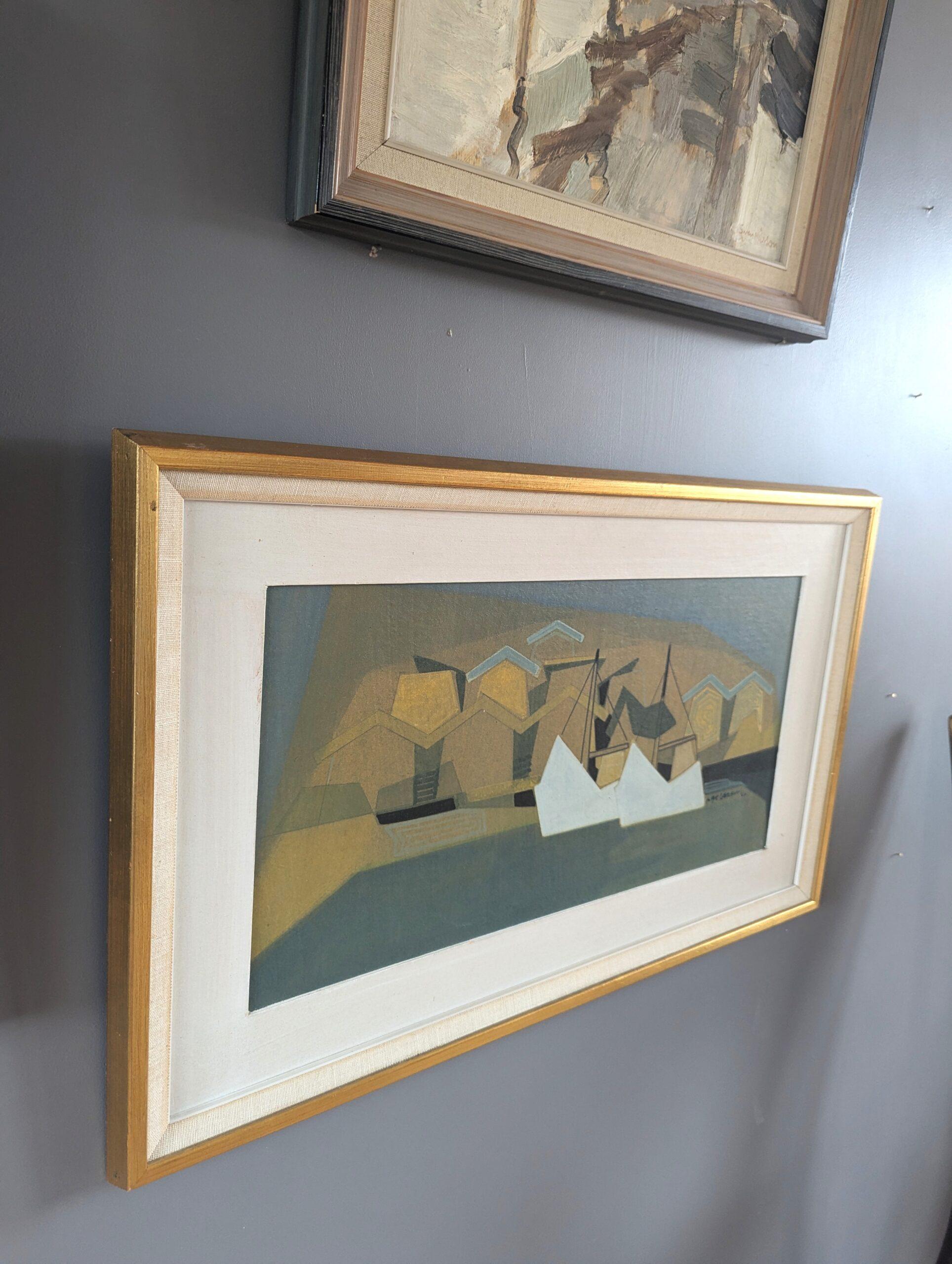 1960 Mid Century Modern Geometric Abstract Oil Painting - Puerto geométrico en venta 1