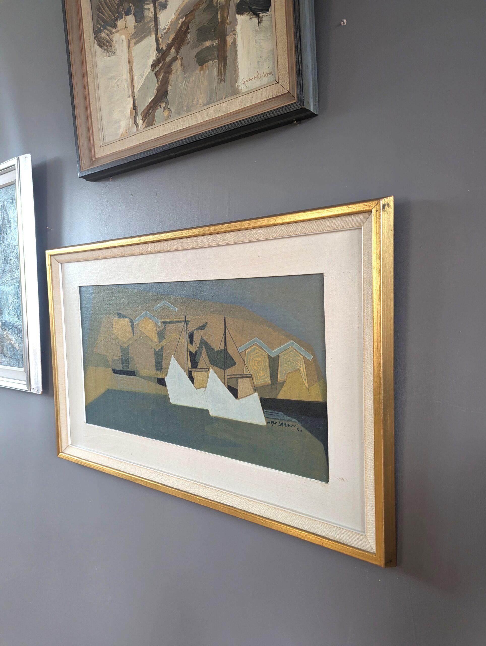 1960 Mid Century Modern Geometric Abstract Oil Painting - Puerto geométrico en venta 2