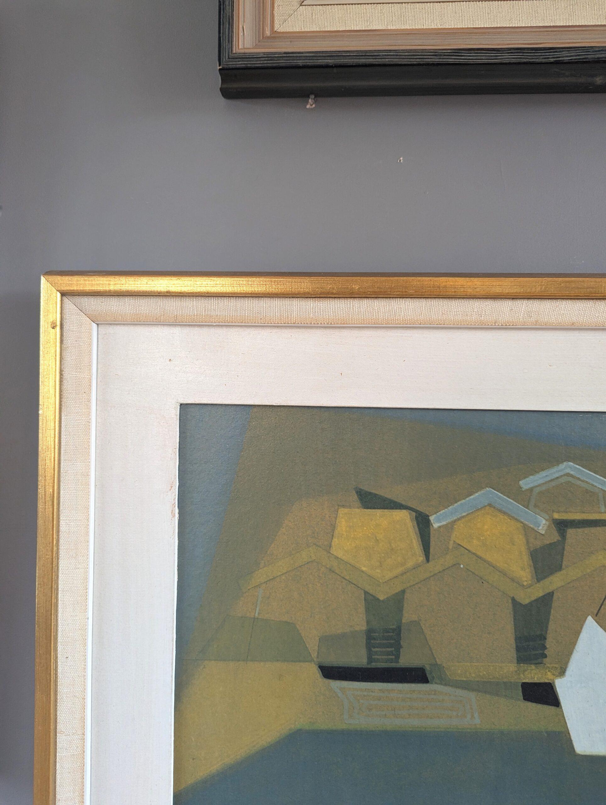 1960 Mid Century Modern Geometric Abstract Oil Painting - Puerto geométrico en venta 3