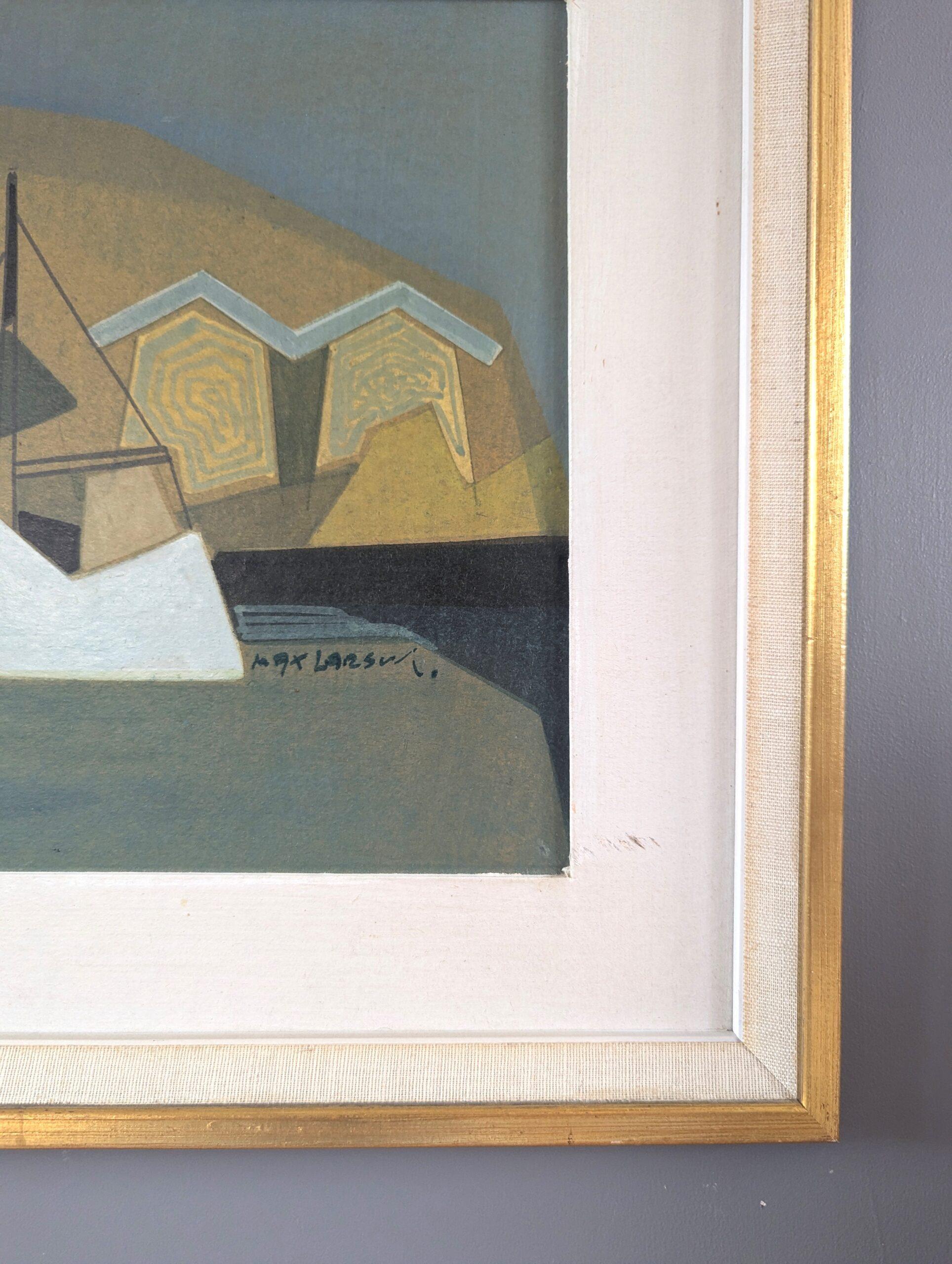 1960 Mid Century Modern Geometric Abstract Oil Painting - Puerto geométrico en venta 4