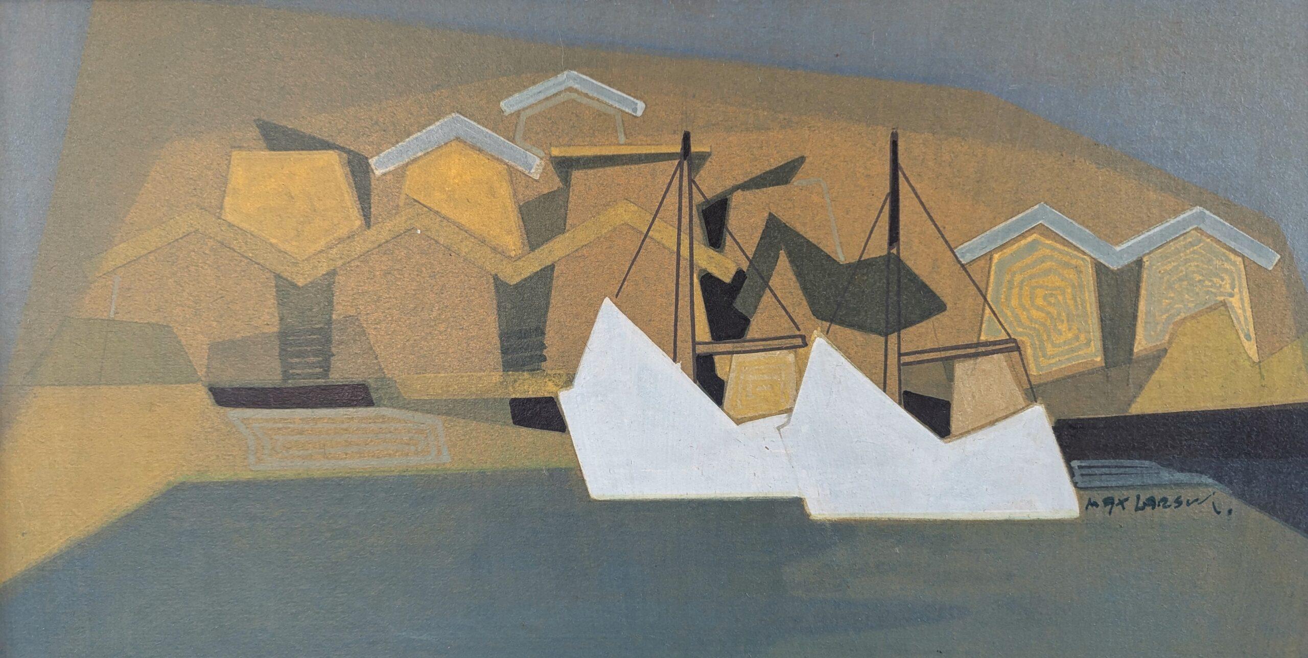 1960 Mid Century Modern Geometric Abstract Oil Painting - Puerto geométrico en venta 5