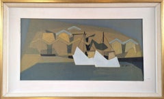 1960 Pittura ad olio astratta geometrica della metà del secolo scorso - Porto geometrico