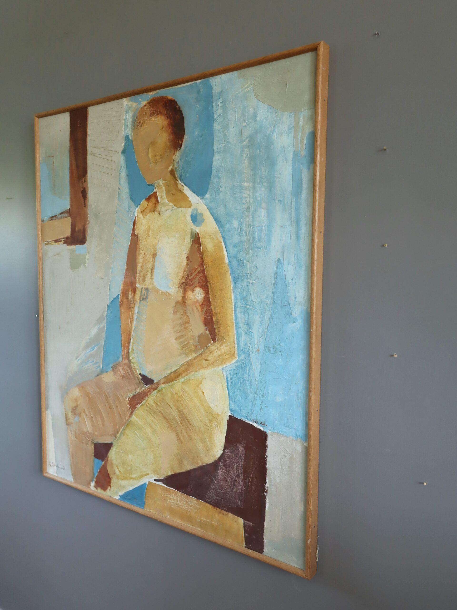 ASTRID
Größe: 82,5 x 68,5 cm (einschließlich Rahmen)
Öl auf Leinwand

Eine brillant ausgeführte und gefühlsbetonte figurative Komposition im Stil der Jahrhundertmitte, die eine kontemplative nackte Figur darstellt, ausgeführt in Öl auf Leinwand und