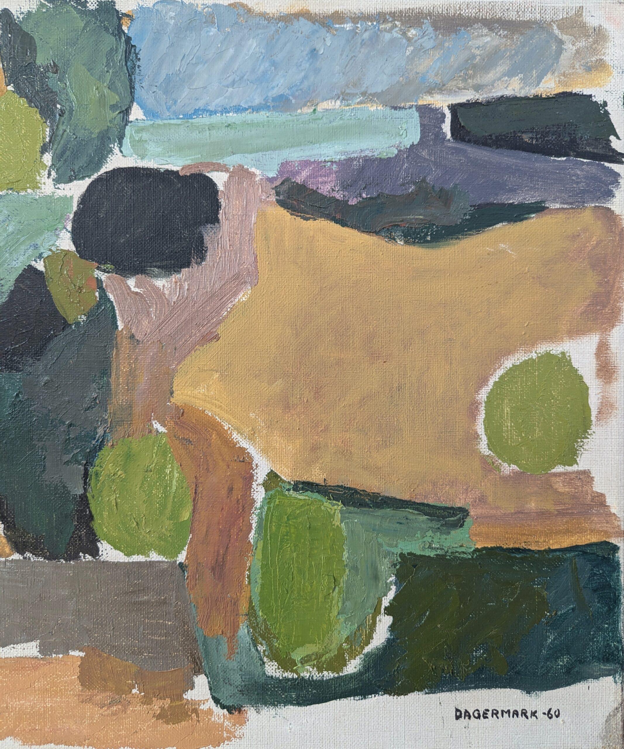 1960 Vintage Paisaje moderno de mediados de siglo Pintura al óleo - Paisaje geométrico 5