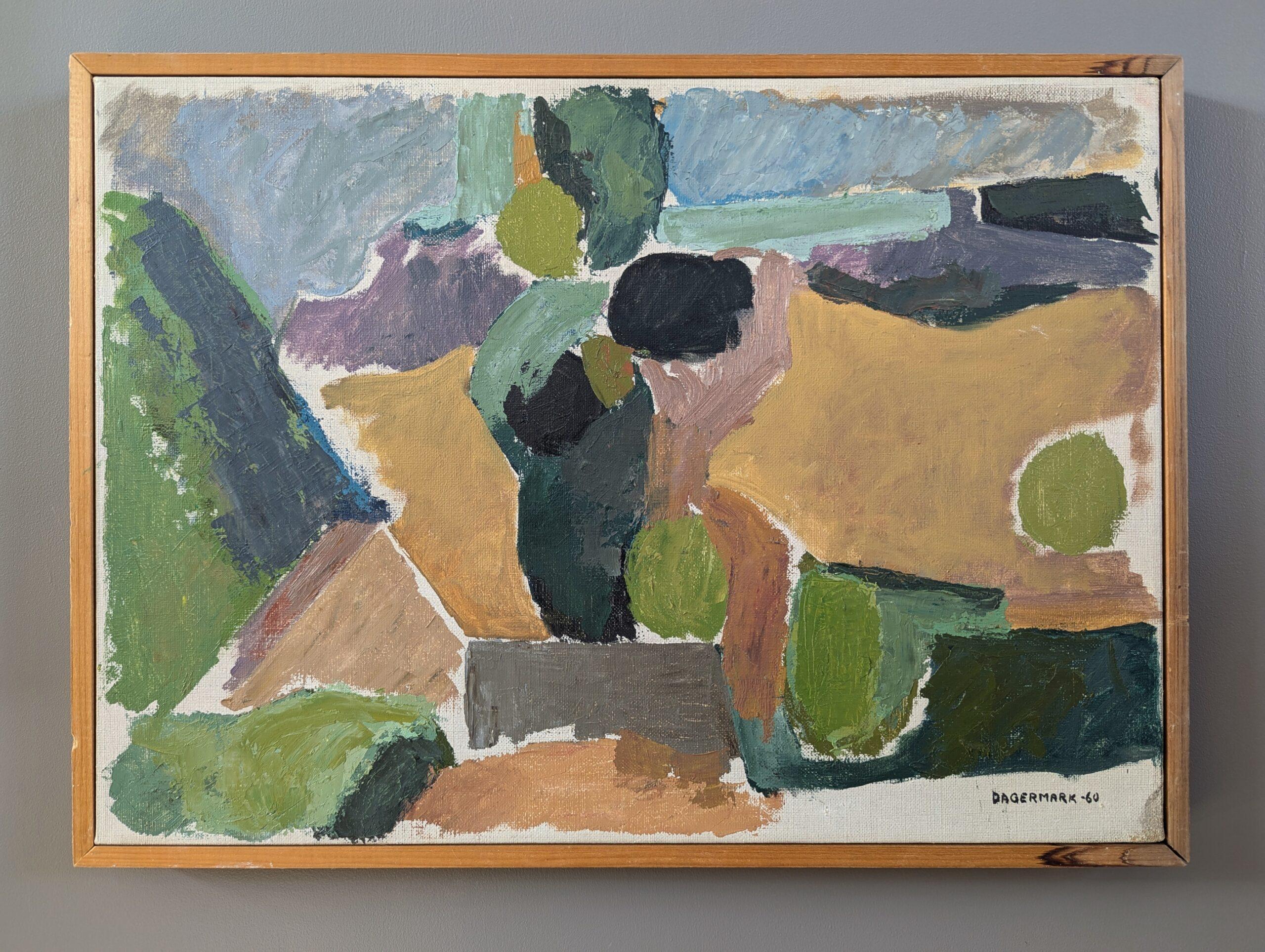 1960 Vintage Paisaje moderno de mediados de siglo Pintura al óleo - Paisaje geométrico - Painting de Unknown