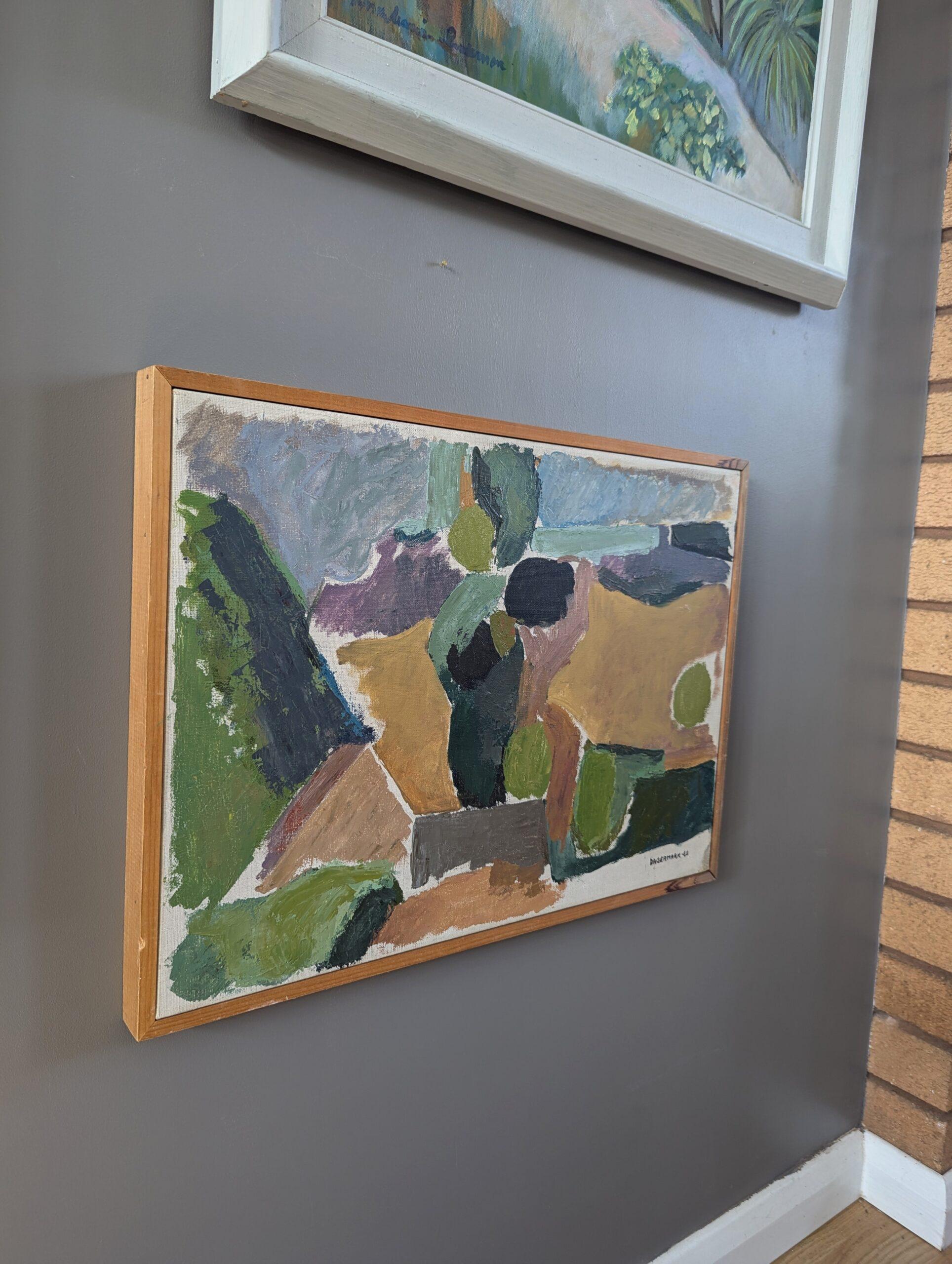 PAISAJE GEOMÉTRICO
Óleo sobre lienzo
Tamaño: 35,5 x 48,5 cm (incluido el marco)

Un cuadro de paisaje de estilo modernista de mediados de siglo, ejecutado con seguridad en óleo sobre lienzo y fechado en 1960.

La composición se construye a partir de