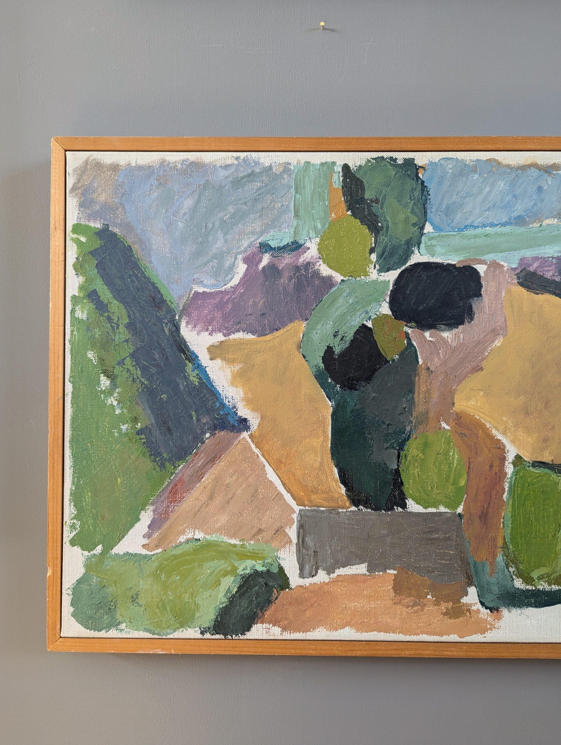 1960 Vintage Paisaje moderno de mediados de siglo Pintura al óleo - Paisaje geométrico 1