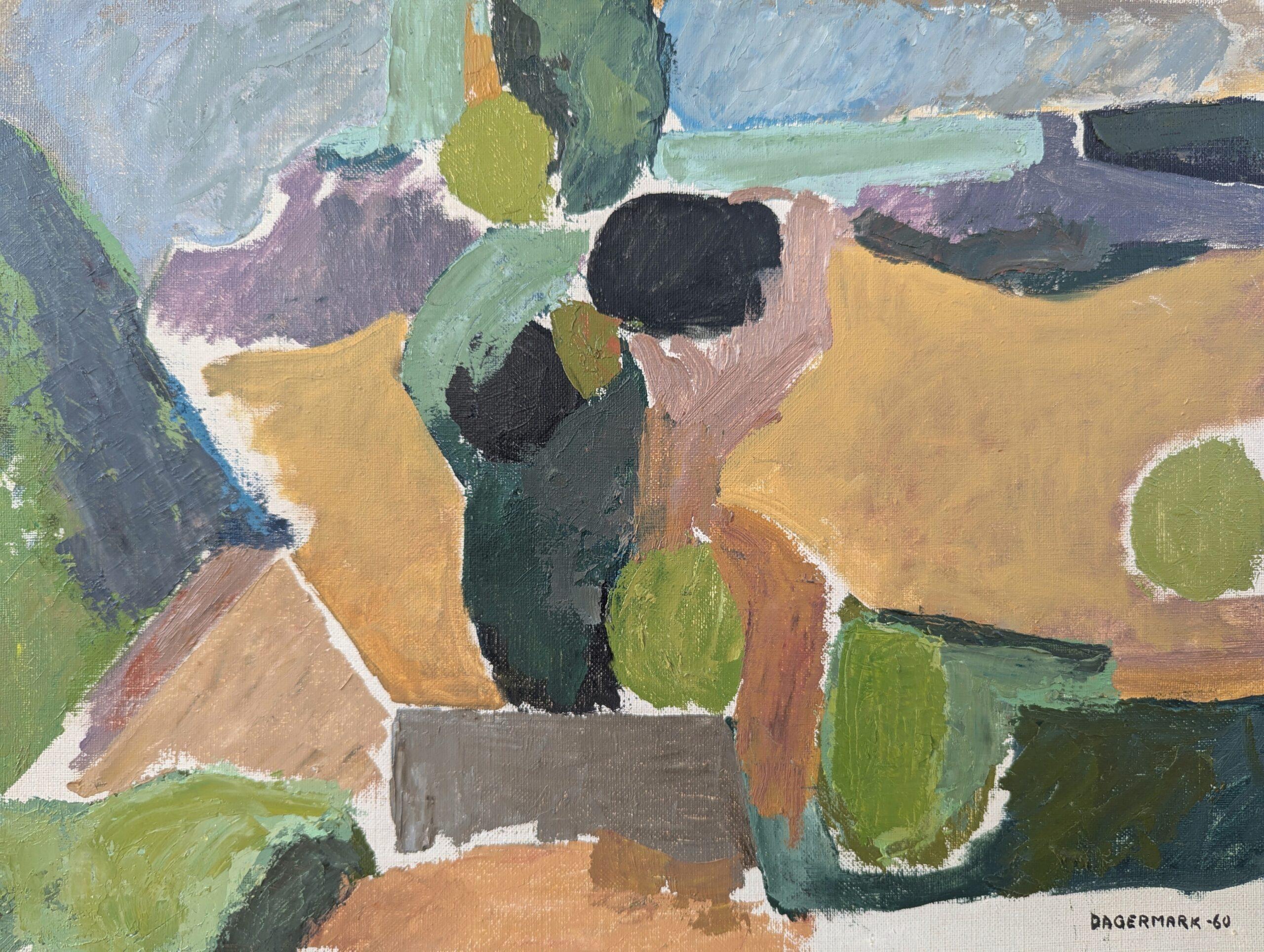 1960 Vintage Paisaje moderno de mediados de siglo Pintura al óleo - Paisaje geométrico 3