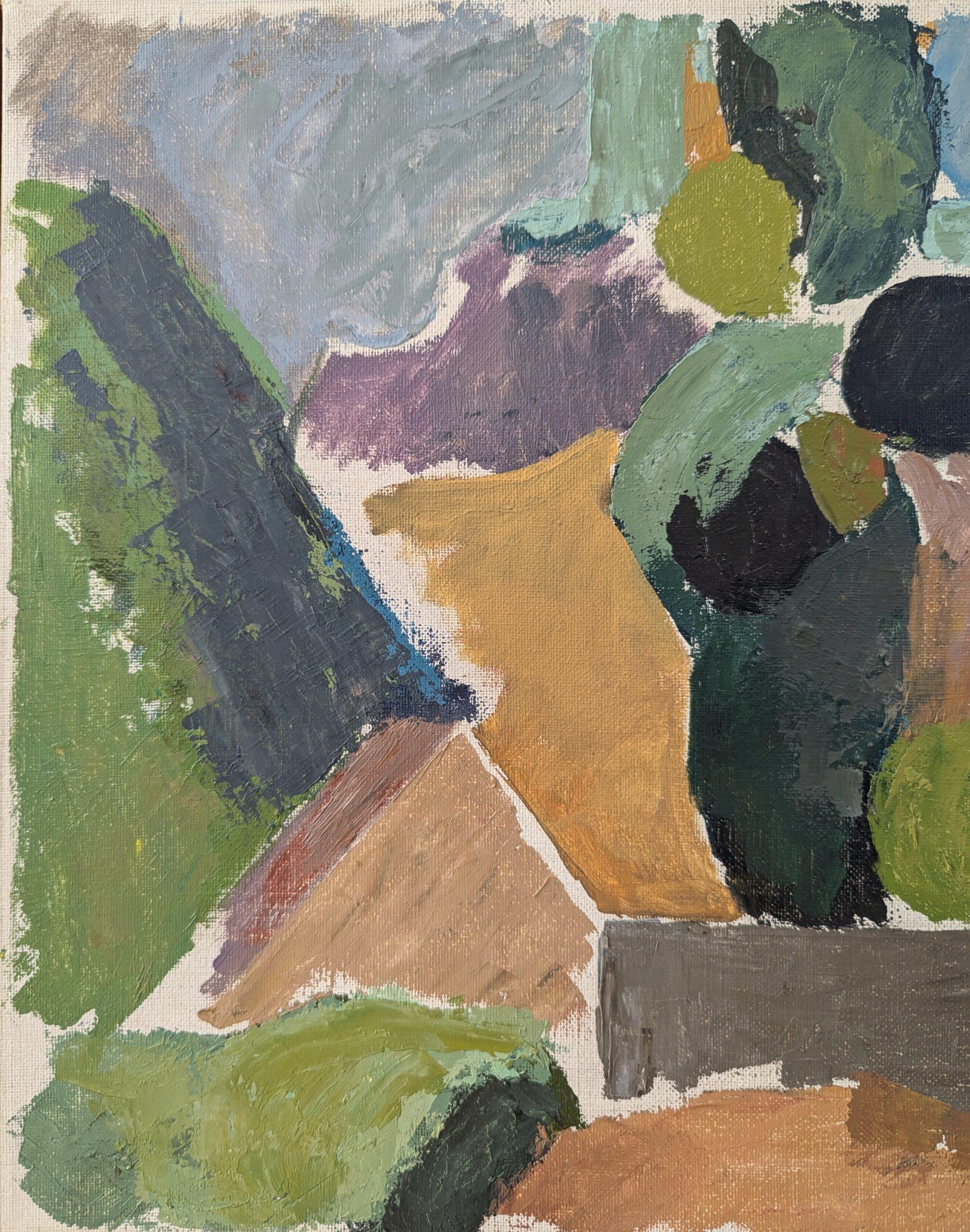 1960 Vintage Paisaje moderno de mediados de siglo Pintura al óleo - Paisaje geométrico 4