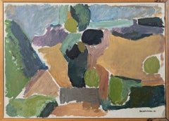 1960 Vintage Paisaje moderno de mediados de siglo Pintura al óleo - Paisaje geométrico