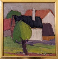 1960 Vintage Swedish Framed Expressionist Oil Painting - Tree by the Houses