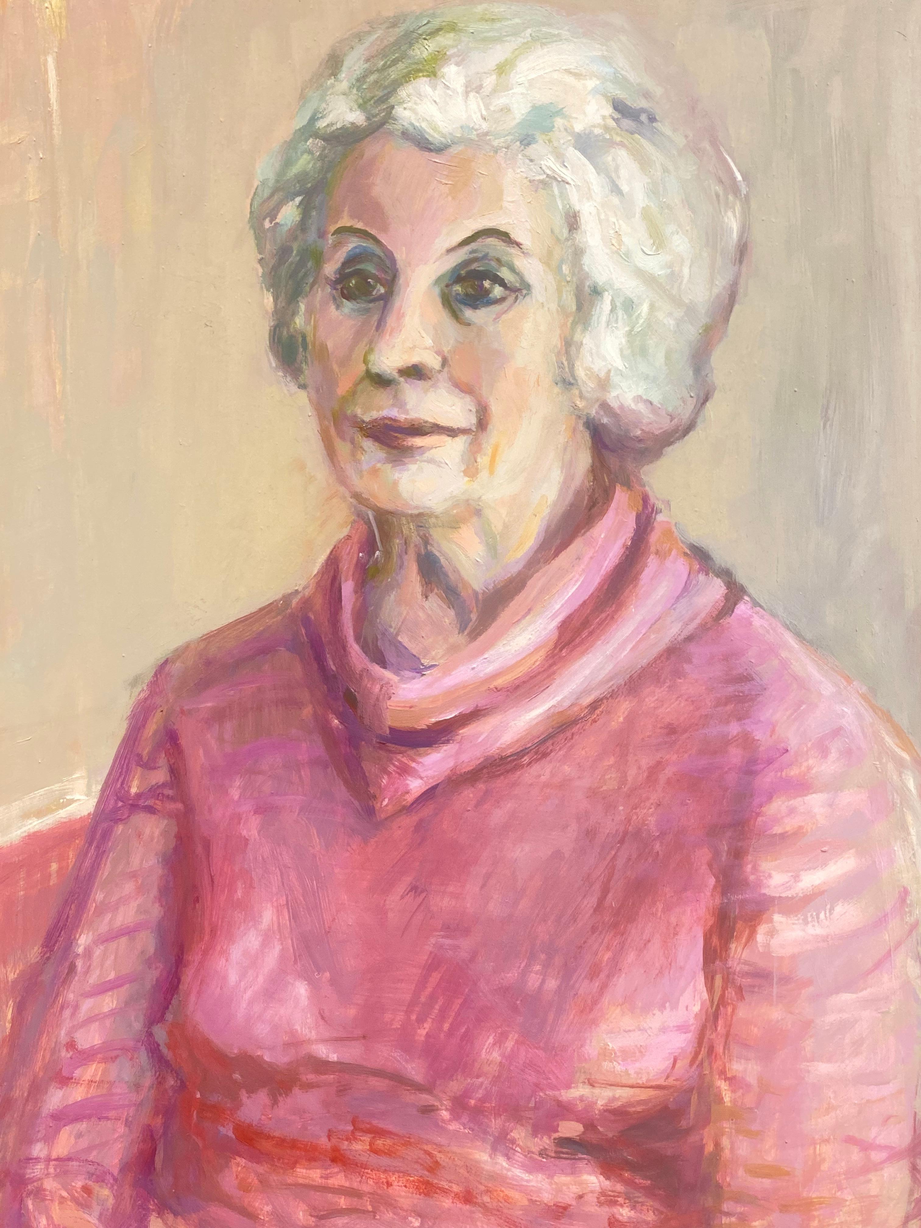1960's British Original Oil Painting, Portrait of a Lady in Pink - Brown Figurative Painting by Unknown