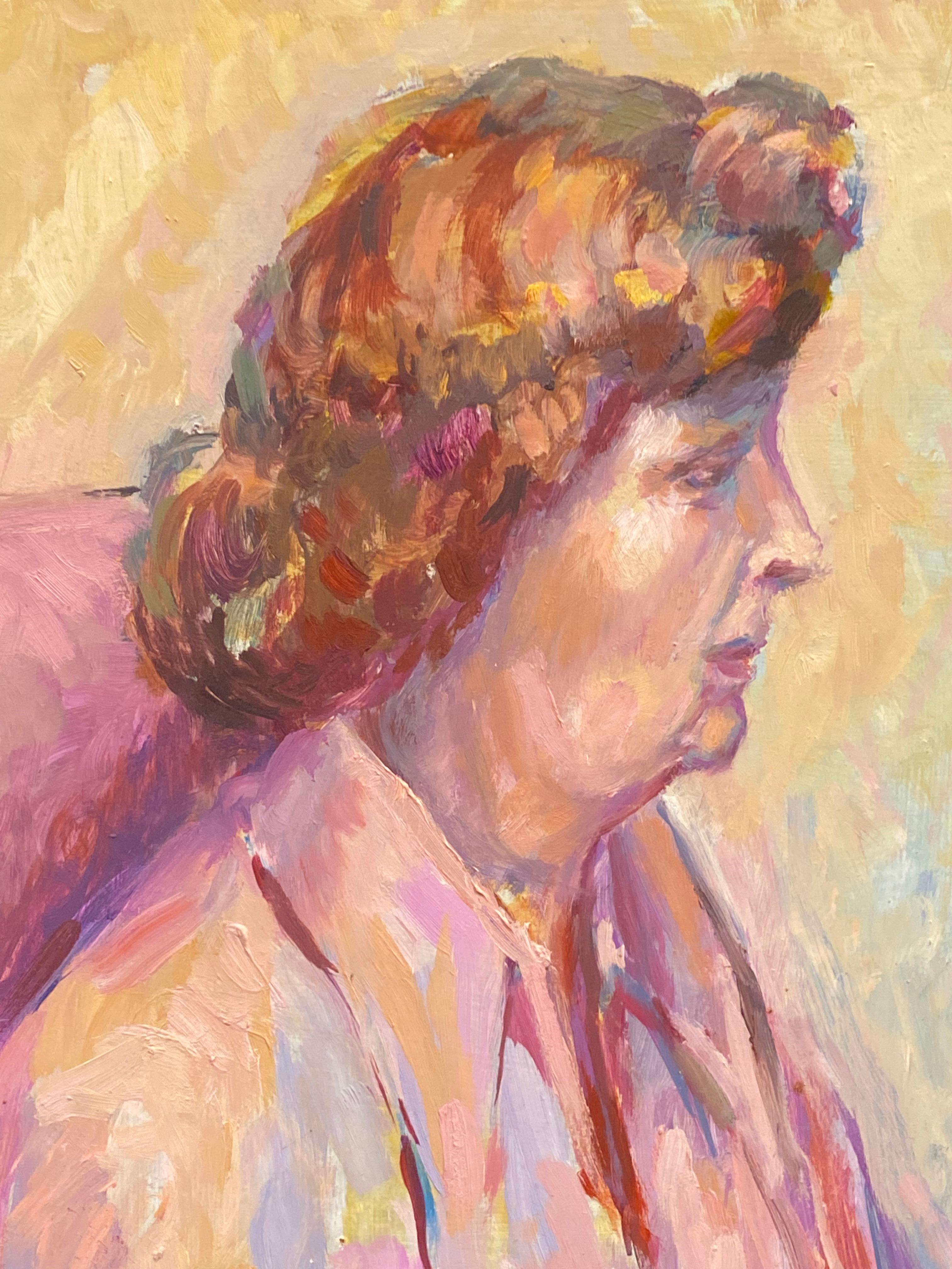 1960's British Original Oil Painting, Side Portrait of a Woman - Beige Figurative Painting by Unknown
