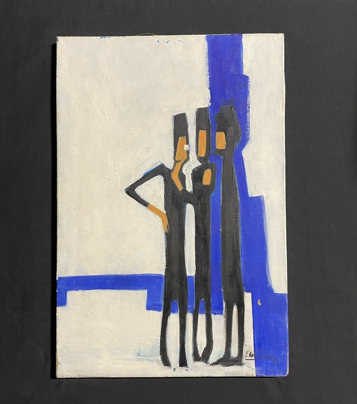 1960's FRENCH ABSTRACT MODERNIST SIGNED OIL PAINTING - FIGURES AGAINST BLUE - Painting by Unknown