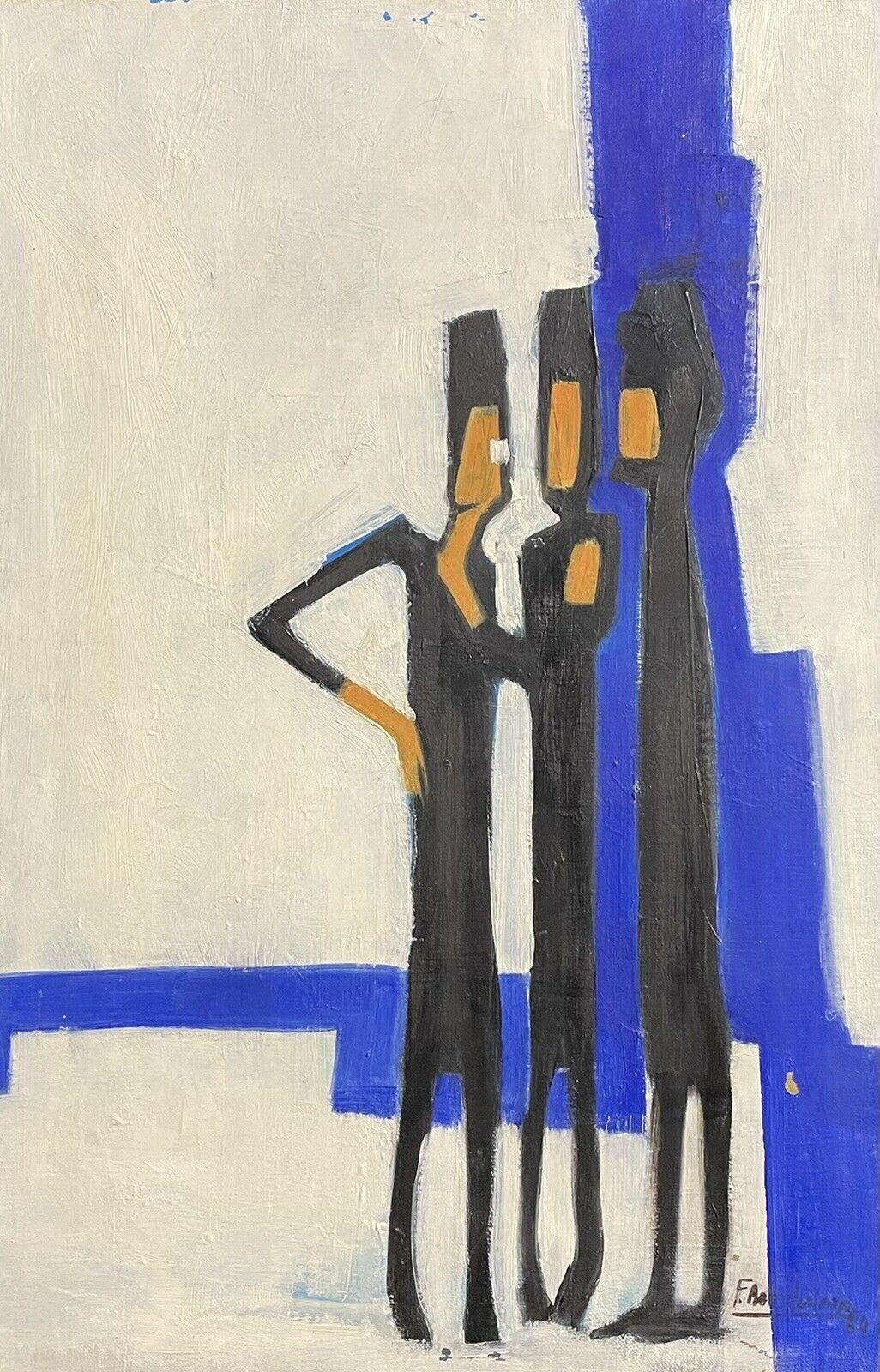 1960's FRENCH ABSTRACT MODERNIST SIGNED OIL PAINTING - FIGURES AGAINST BLUE - Abstract Impressionist Painting by Unknown