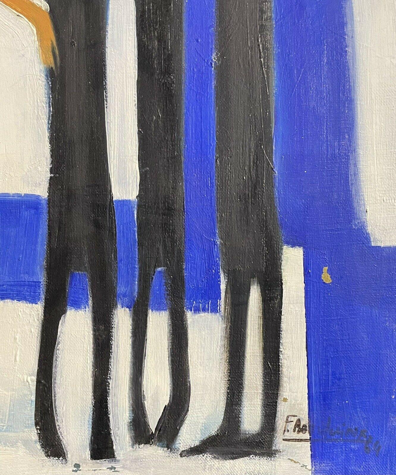 1960's FRENCH ABSTRACT MODERNIST SIGNED OIL PAINTING - FIGURES AGAINST BLUE - Beige Abstract Painting by Unknown