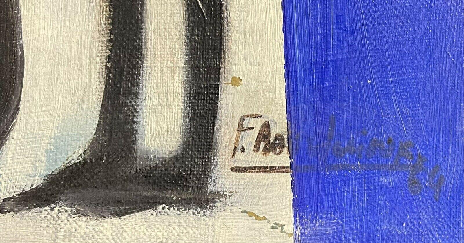 Artist/ School: French School, signed and dated 1960's

Title: Abstract/ Cubist depiction of three figures in conversation, against a blue background.

Medium: oil painting on canvas

Size:  painting: 23.75  x 16 inches

Provenance: private