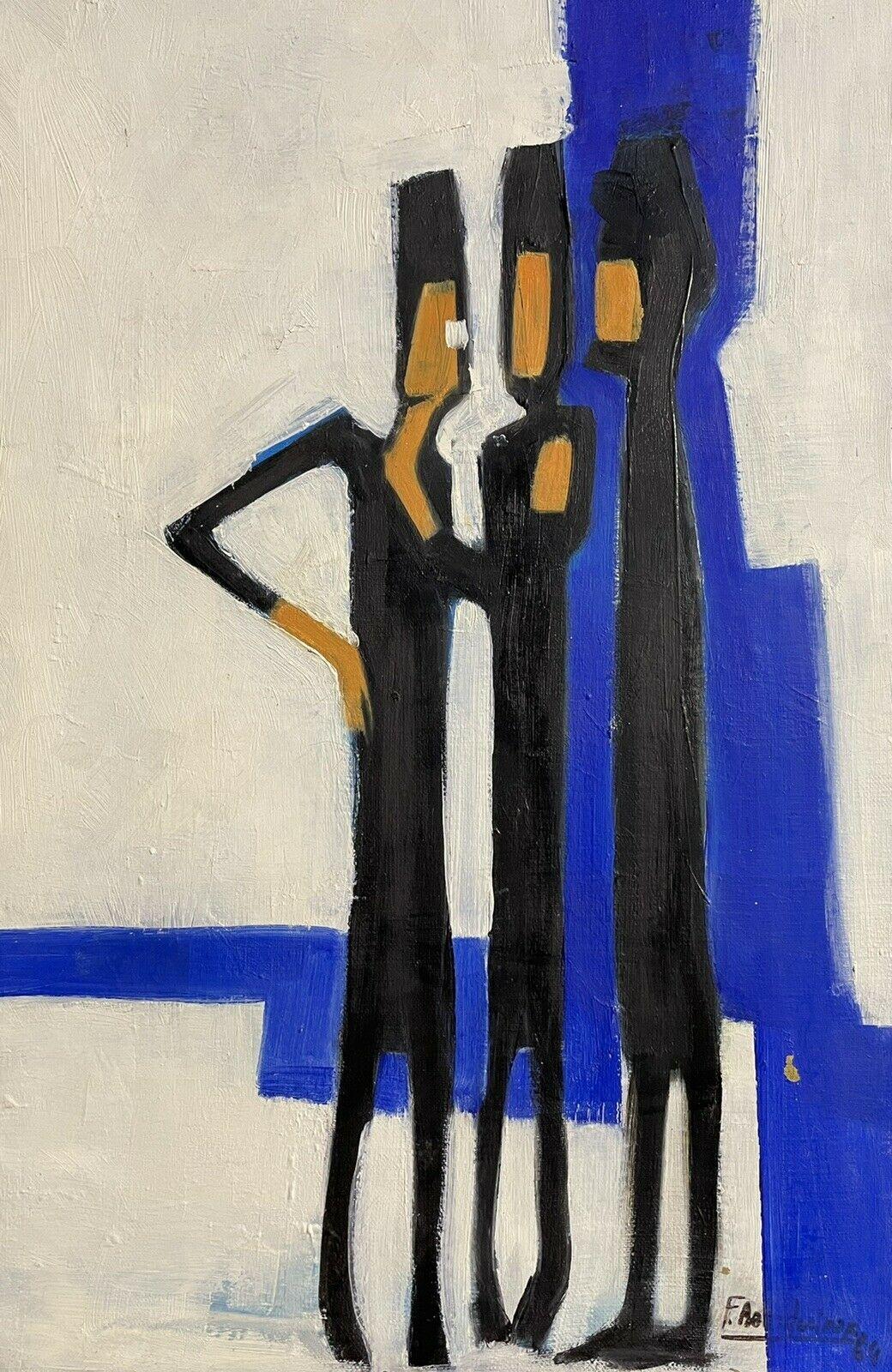 Unknown Abstract Painting - 1960's FRENCH ABSTRACT MODERNIST SIGNED OIL PAINTING - FIGURES AGAINST BLUE