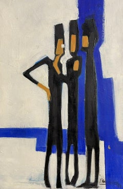 1960's FRENCH ABSTRACT MODERNIST SIGNED OIL PAINTING - FIGURES AGAINST BLUE