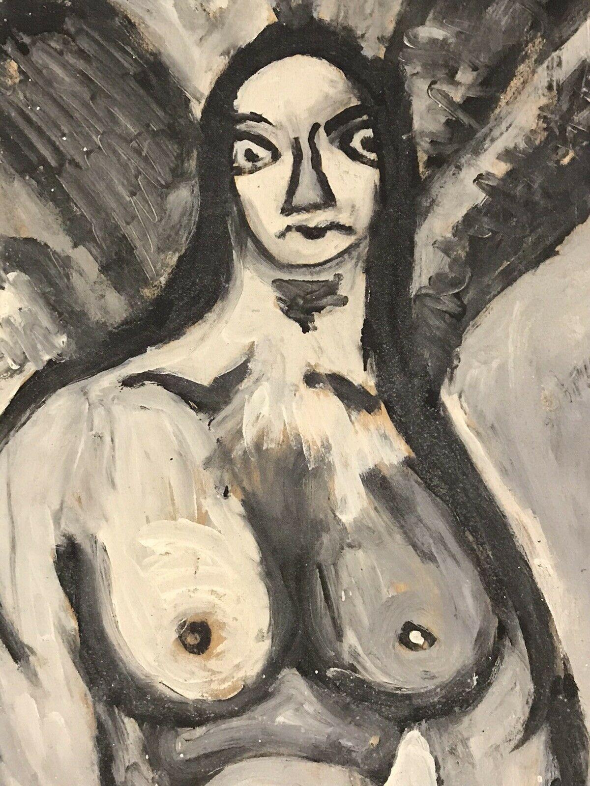 1960's FRENCH MODERNIST ABSTRACT PORTRAIT OF NUDE LADY - BLACK & WHITE - Painting by Unknown