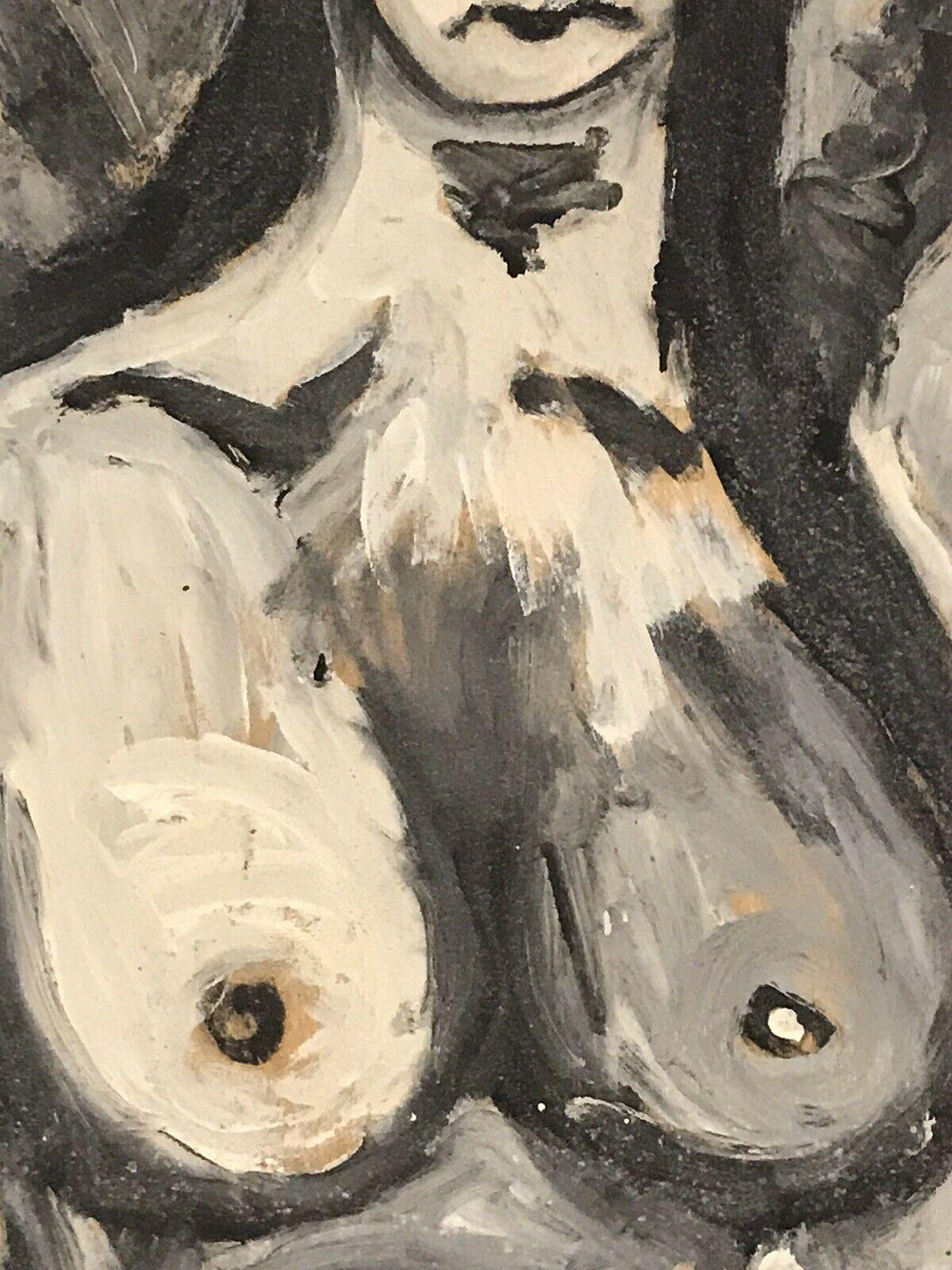 1960's MODERNISTA FRANCES RETRATO ABSTRACTO DE DAMA DESNUDA - BLANCO Y NEGRO - Figurative Painting Marrón de Unknown