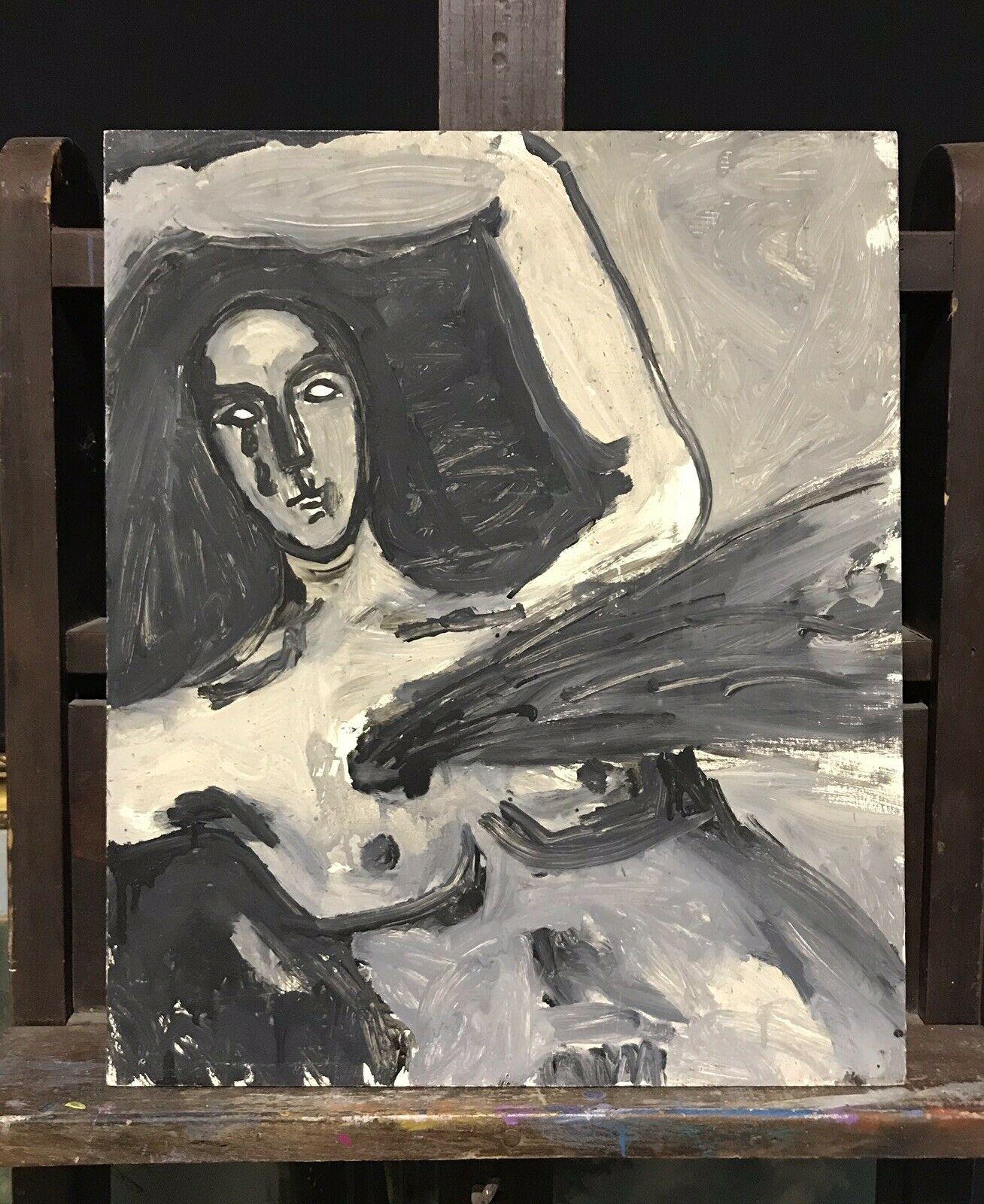 1960's FRENCH MODERNIST ABSTRACT PORTRAIT OF NUDE LADY - BLACK & WHITE - Abstract Expressionist Painting by Unknown