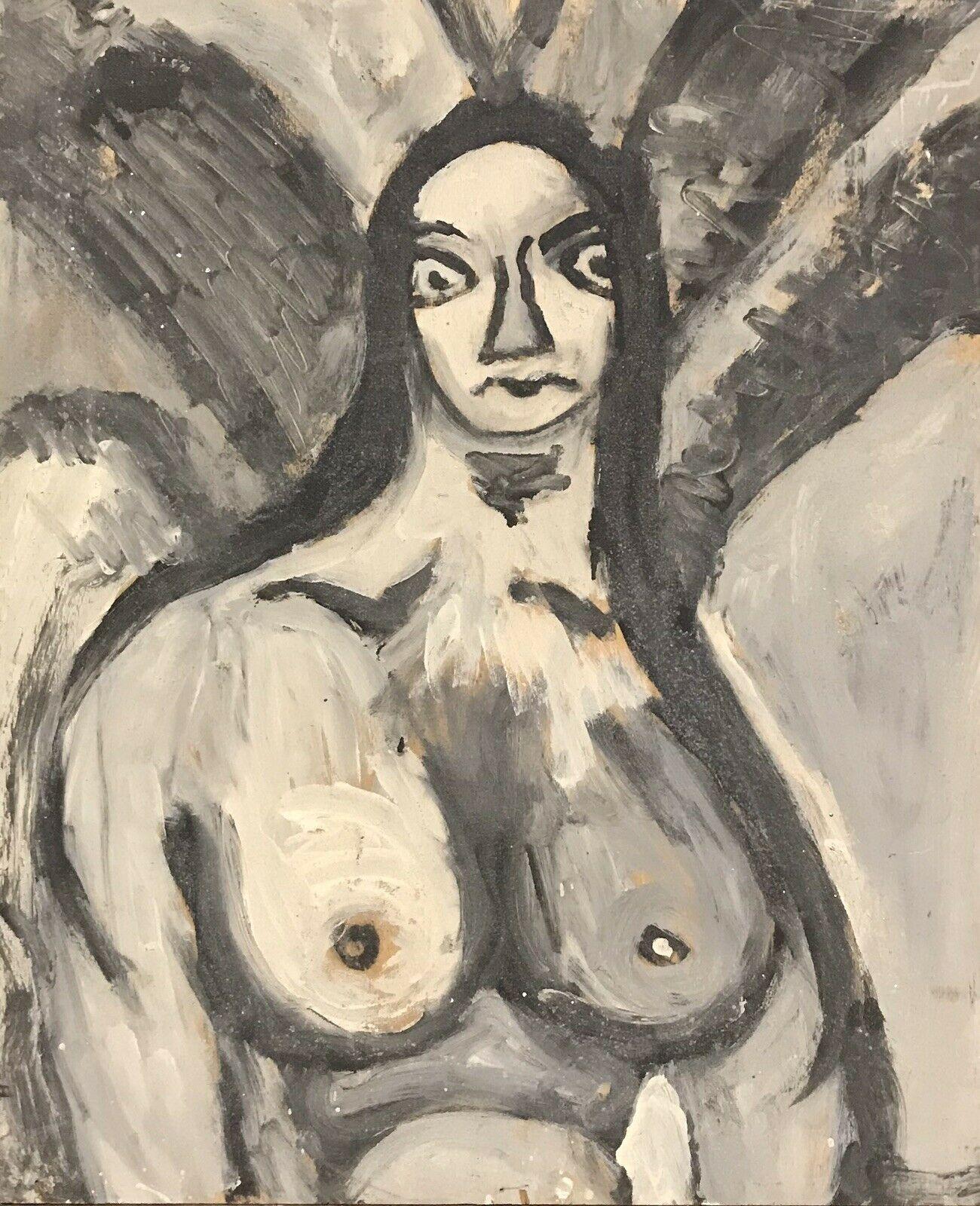 Unknown Figurative Painting - 1960's FRENCH MODERNIST ABSTRACT PORTRAIT OF NUDE LADY - BLACK & WHITE