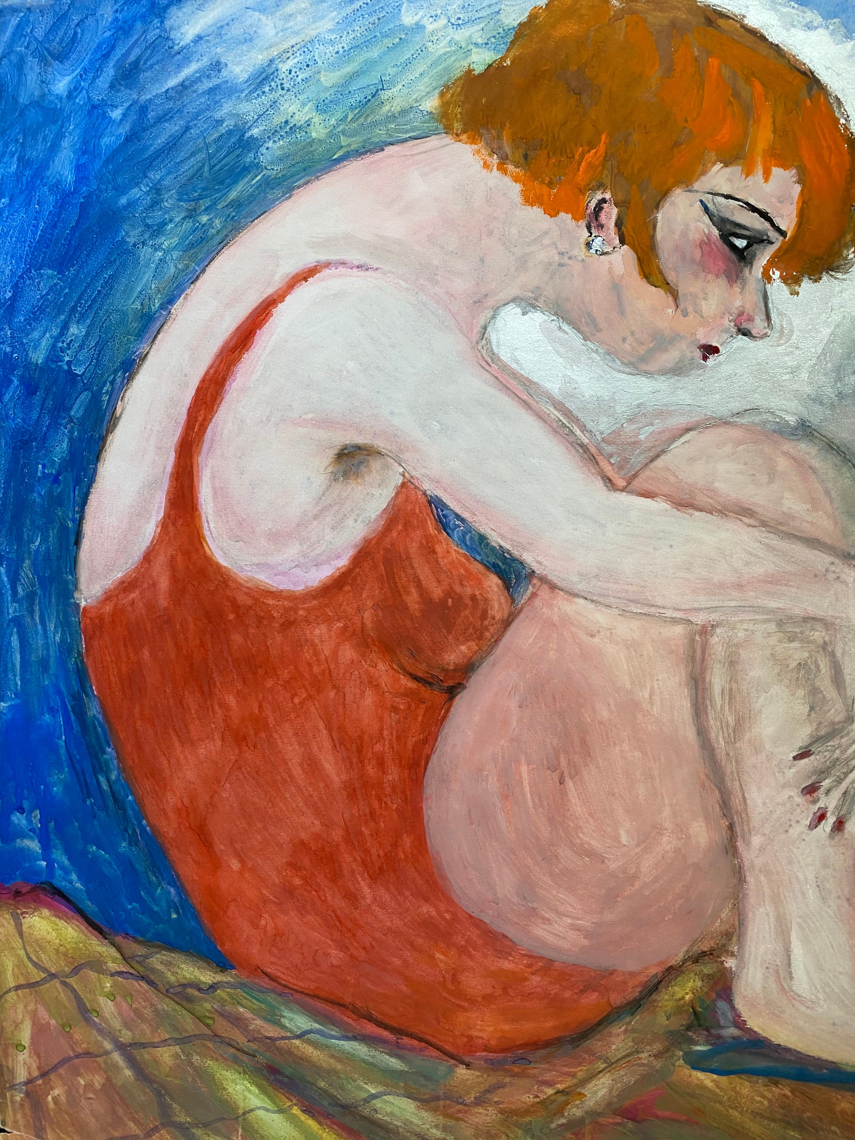 Ritratto francese degli anni '60 Donna imbronciata dai capelli rossi in costume da bagno - Painting di Unknown