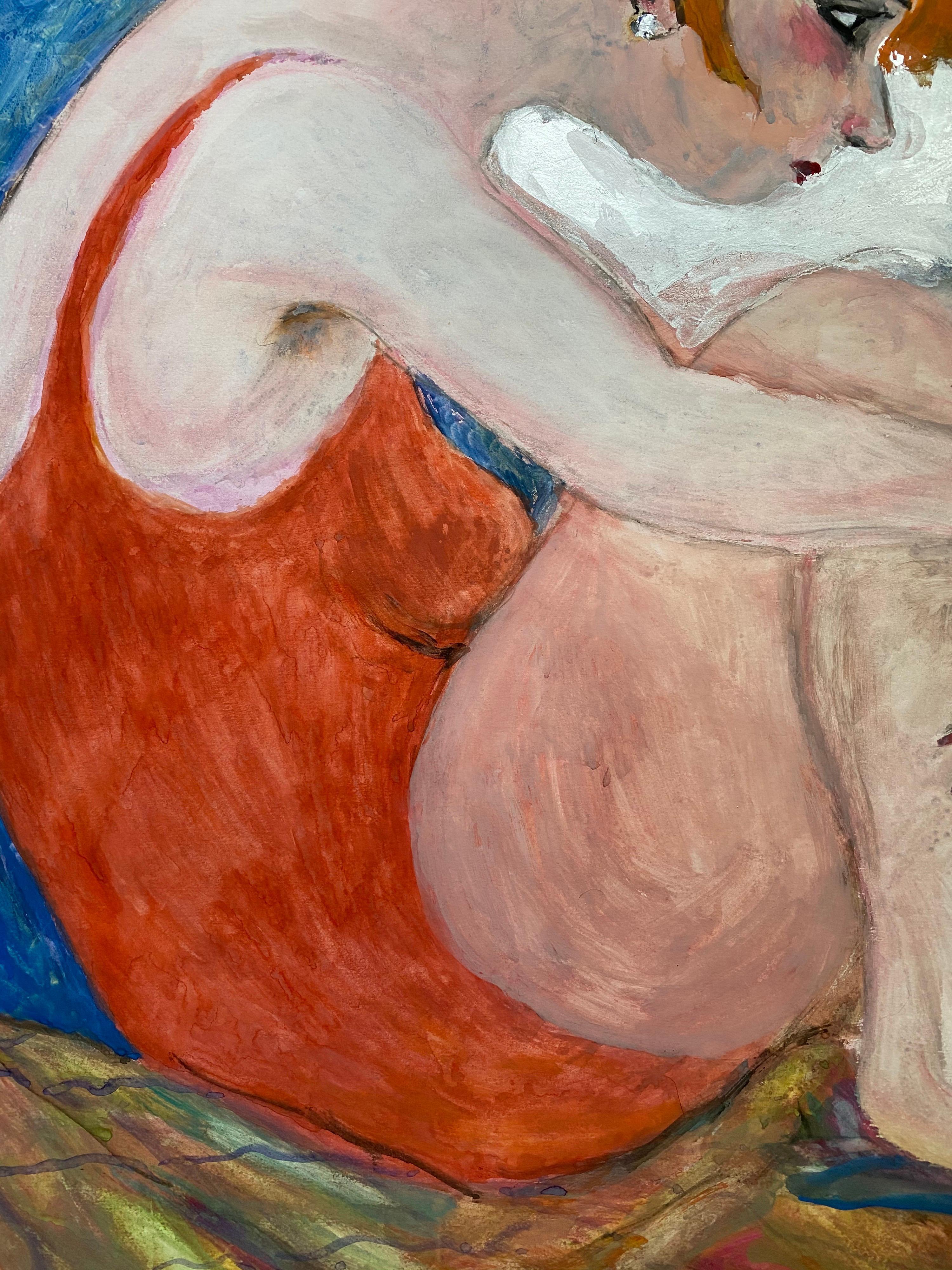 1960's French Portrait Auburn Haired Sulking Women in Swimsuit - Brown Portrait Painting by Unknown