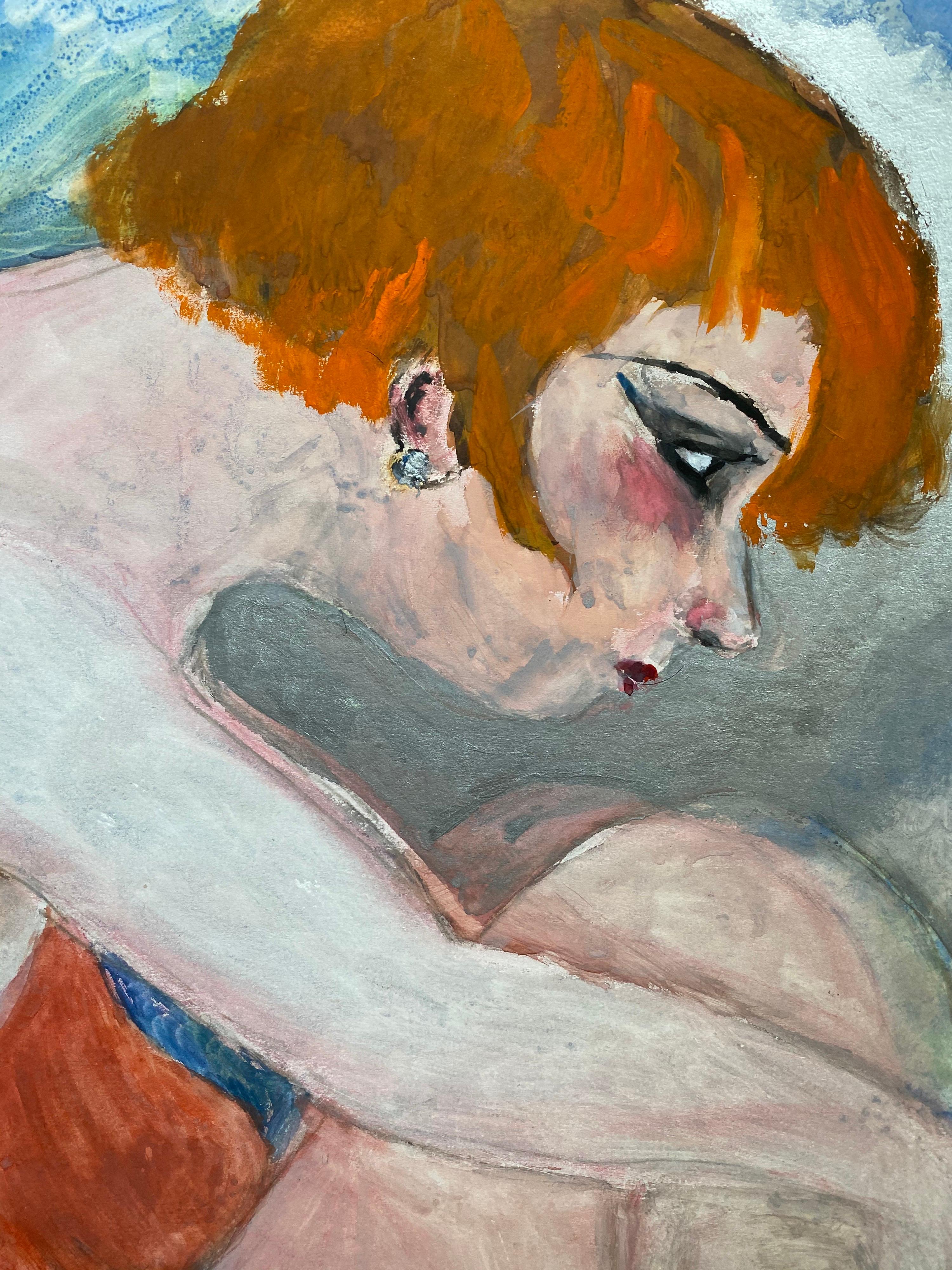 Unknown Figurative Painting - 1960's French Portrait Auburn Haired Sulking Women in Swimsuit