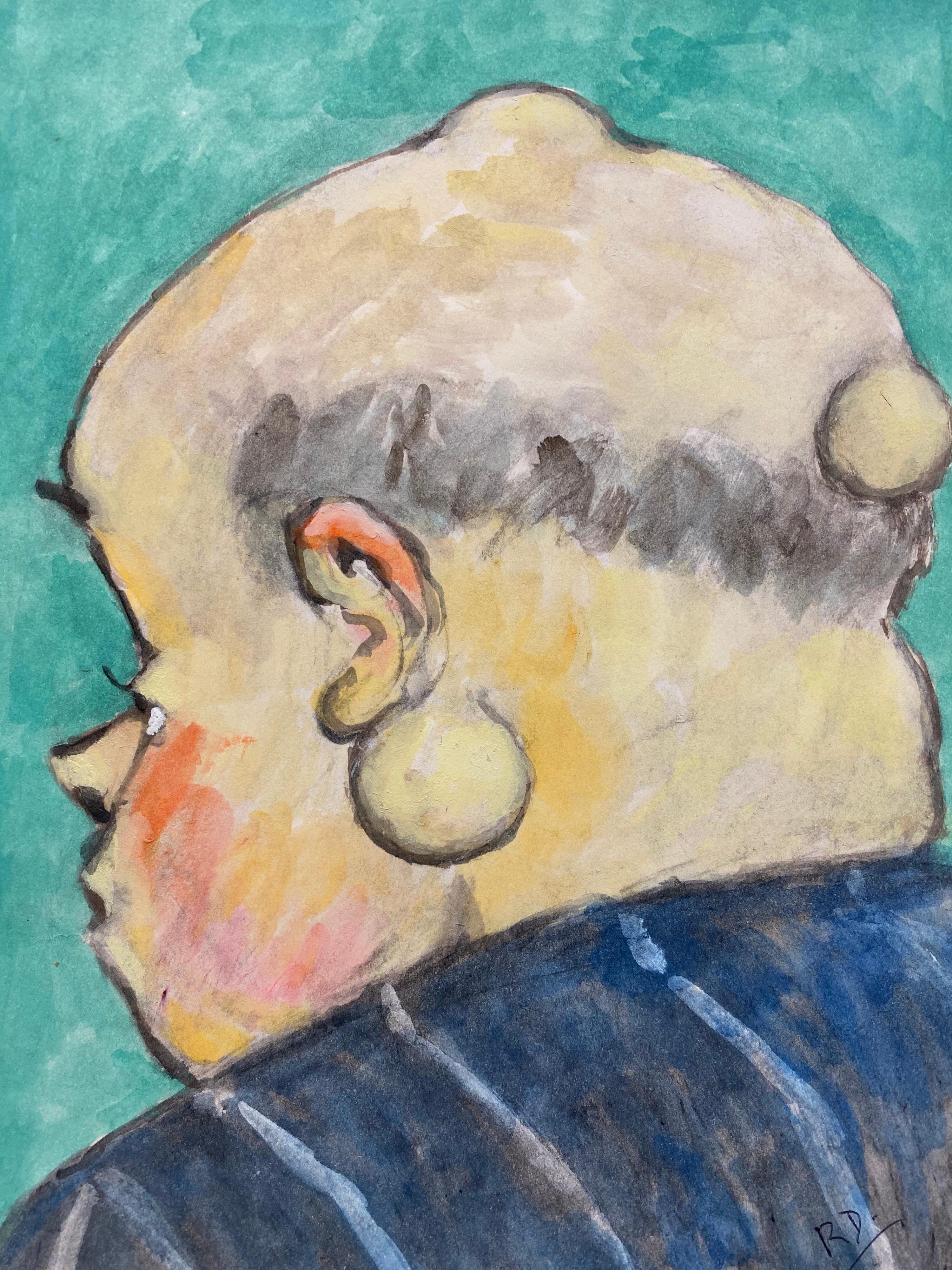 Unknown Figurative Painting - 1960's French Portrait Back Of Bald Man's Head Caricature