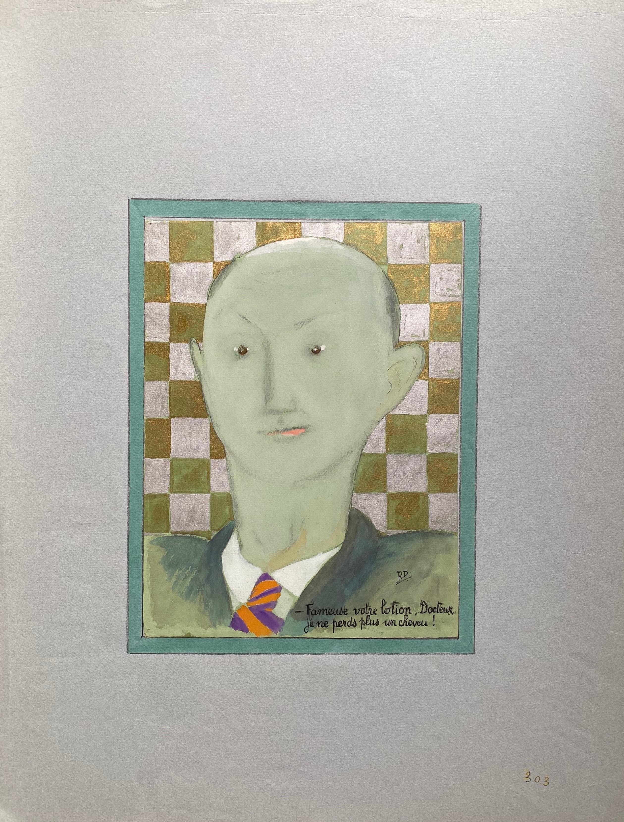 Ritratto francese del 1960 dell'uomo calvo Greene & Greene Caricatura - Painting di Unknown