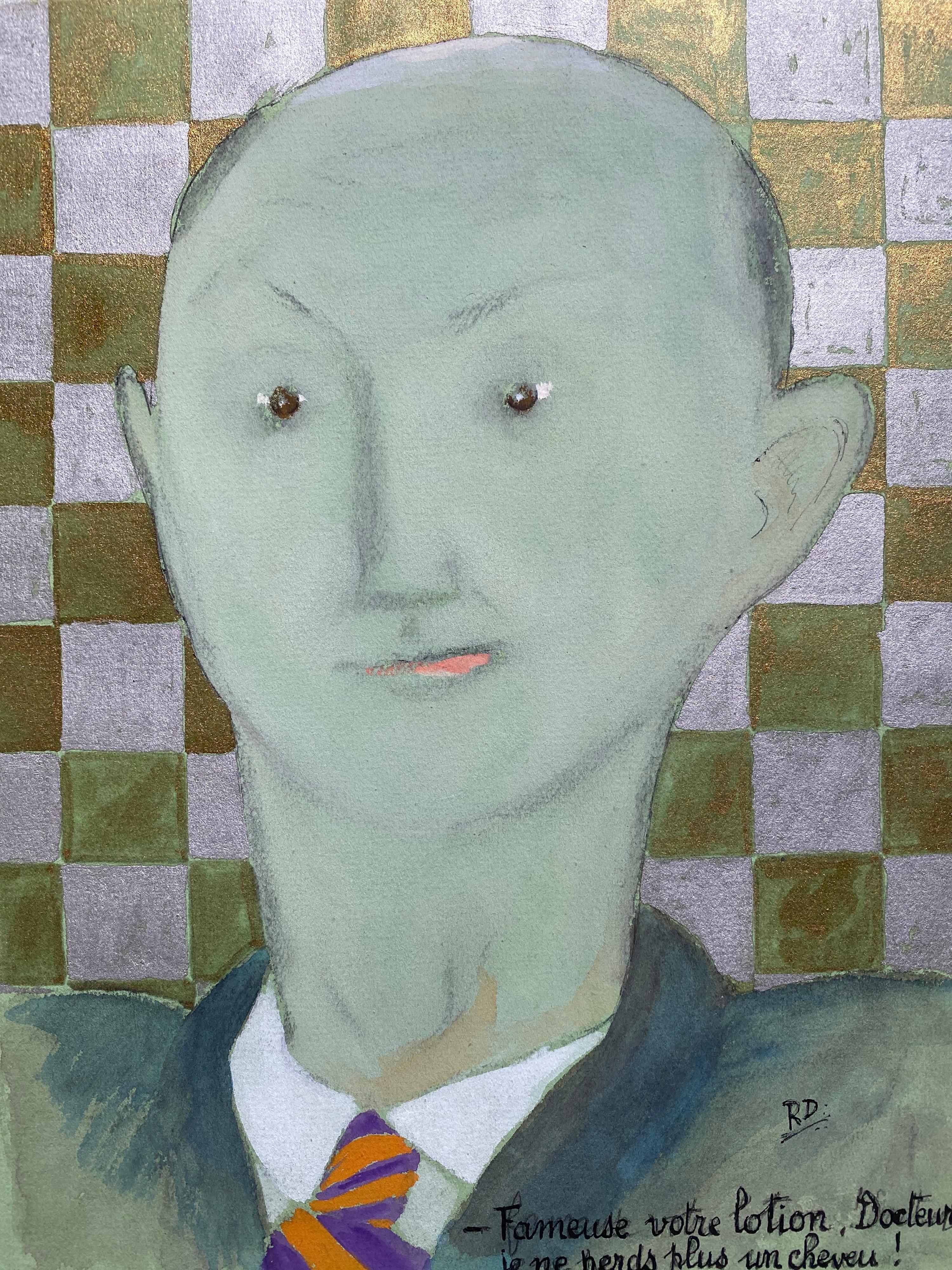 1960's French Portrait Bald Green Man Caricature - Gray Portrait Painting by Unknown