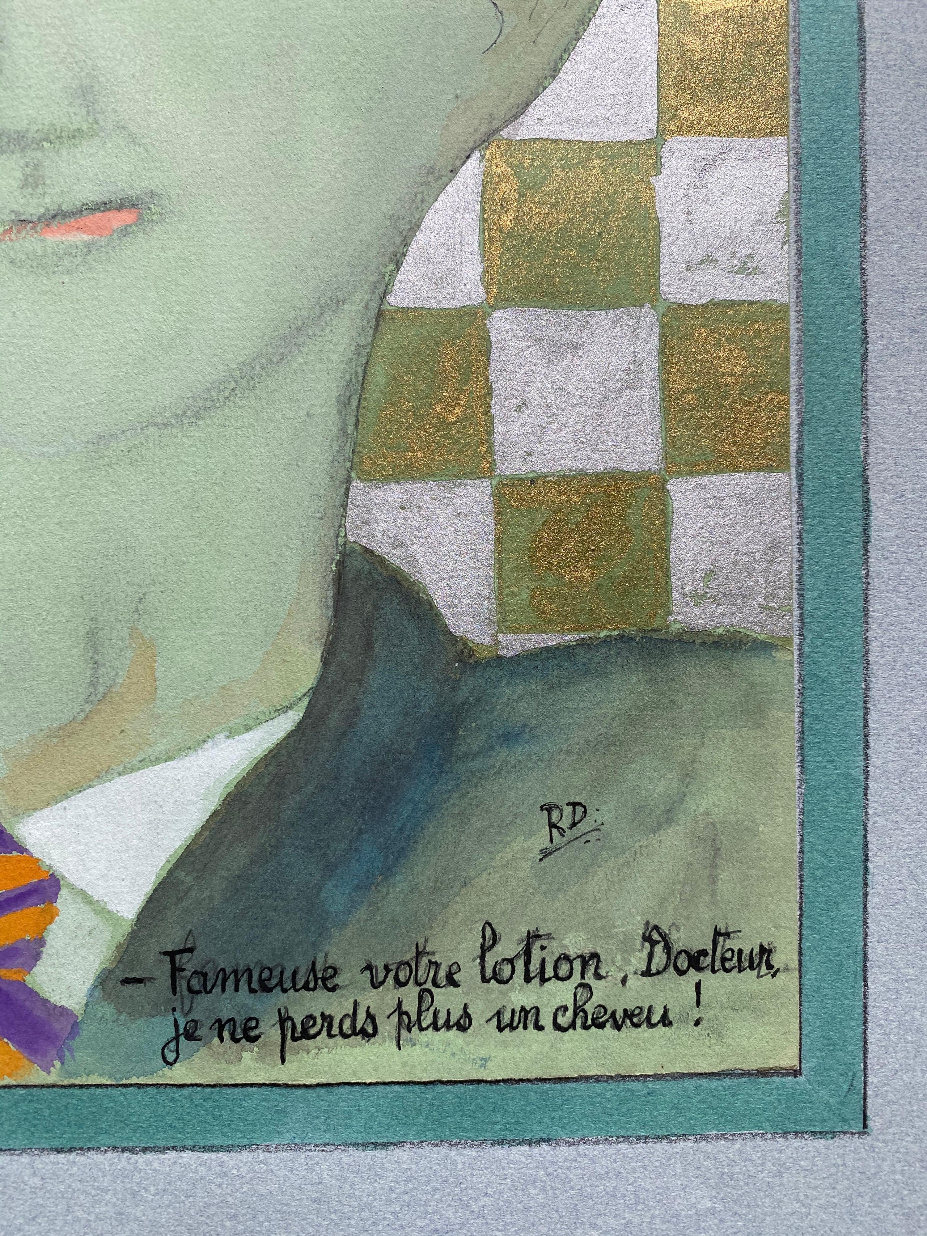 Ritratto francese del 1960 dell'uomo calvo Greene & Greene Caricatura - Painting Impressionismo di Unknown
