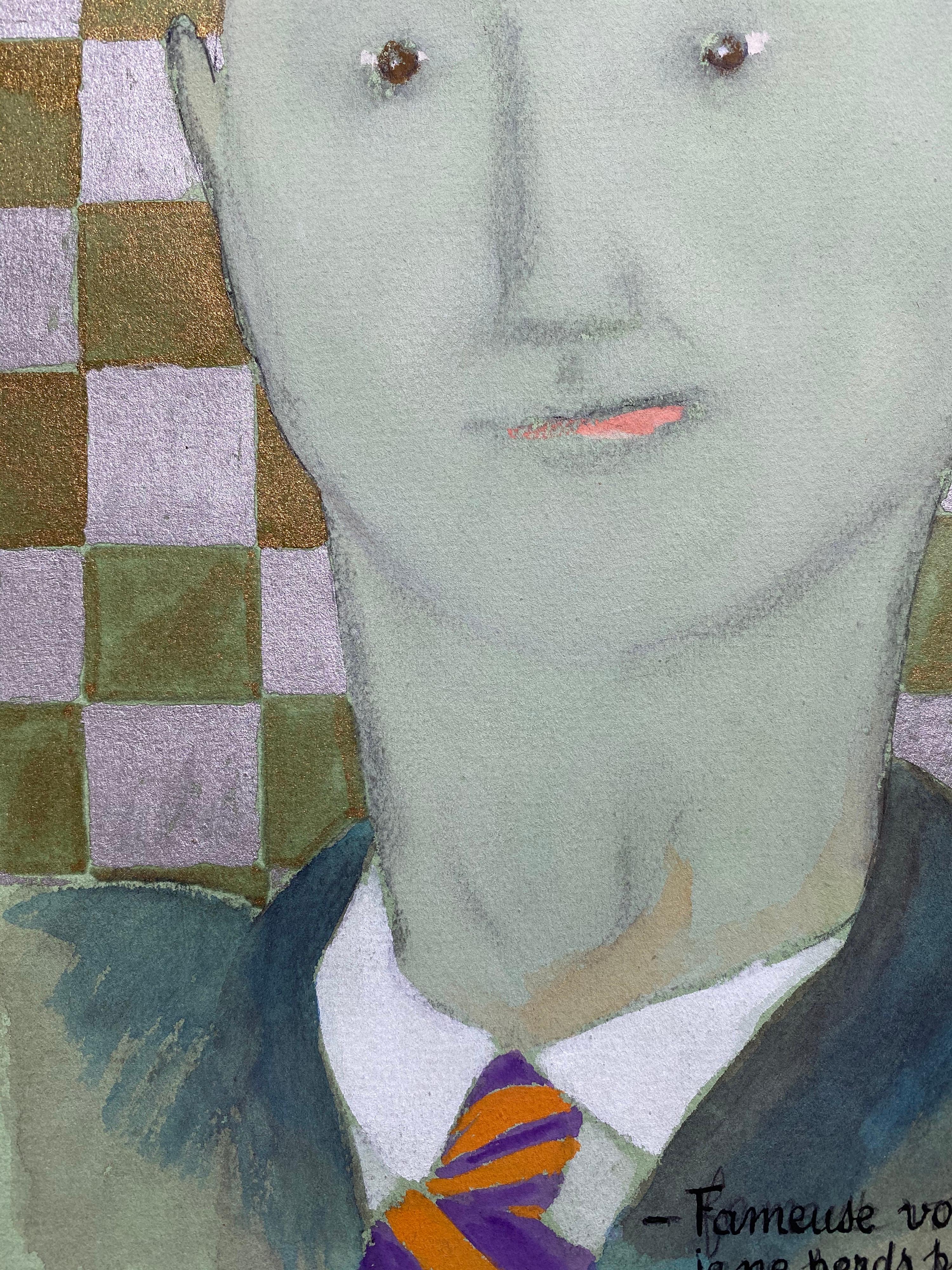 Ritratto francese del 1960 dell'uomo calvo Greene & Greene Caricatura - Portrait Painting Grigio di Unknown