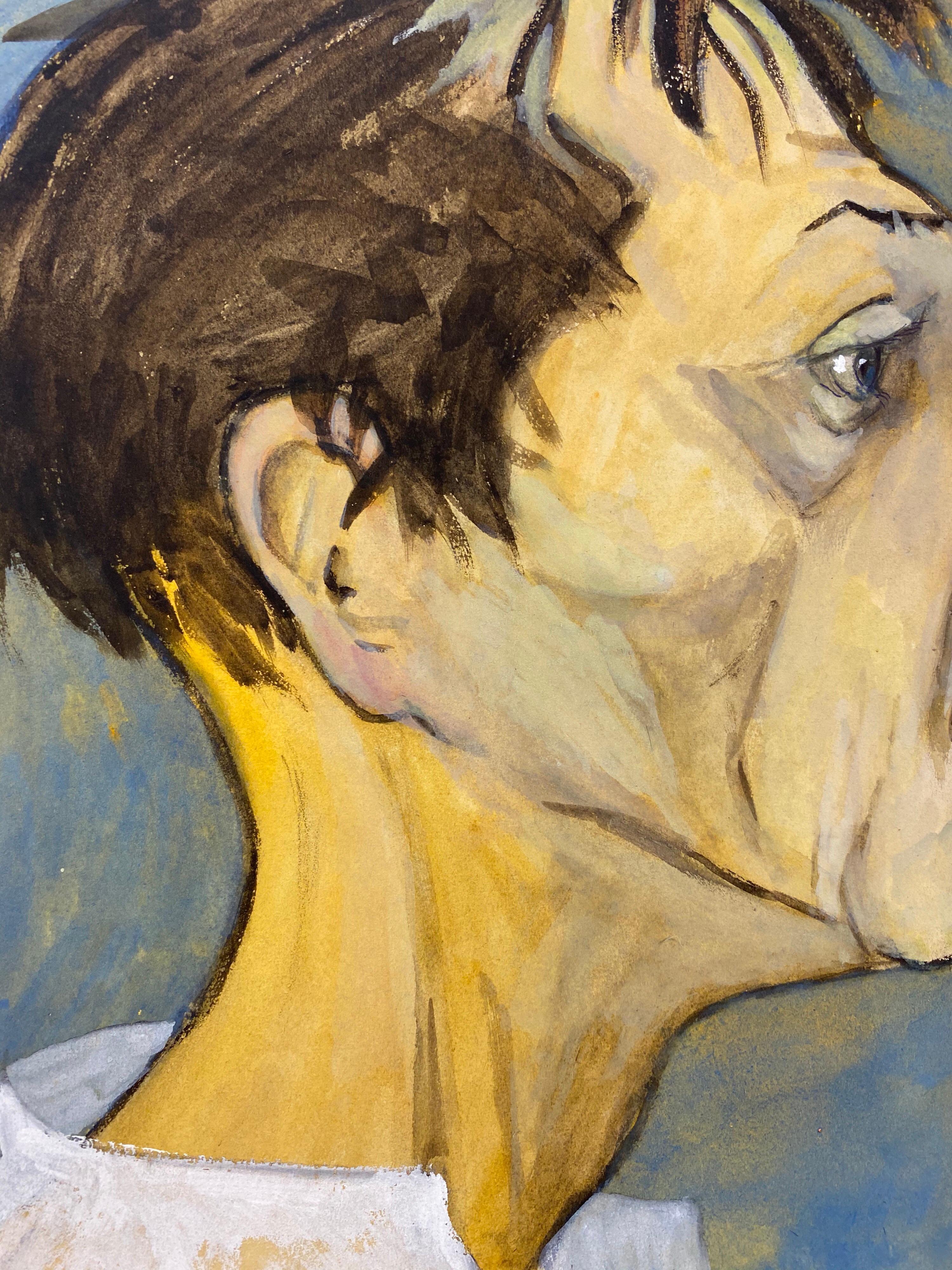 French Character Portrait
French school, Mid 20th Century
Gouache paint on unframed paper
signed lower corner
Image : 12.5 x 9.5 inches

Superbly decorative 1960's French portrait painting. Ideal for many interiors! So stylish and utterly evocative