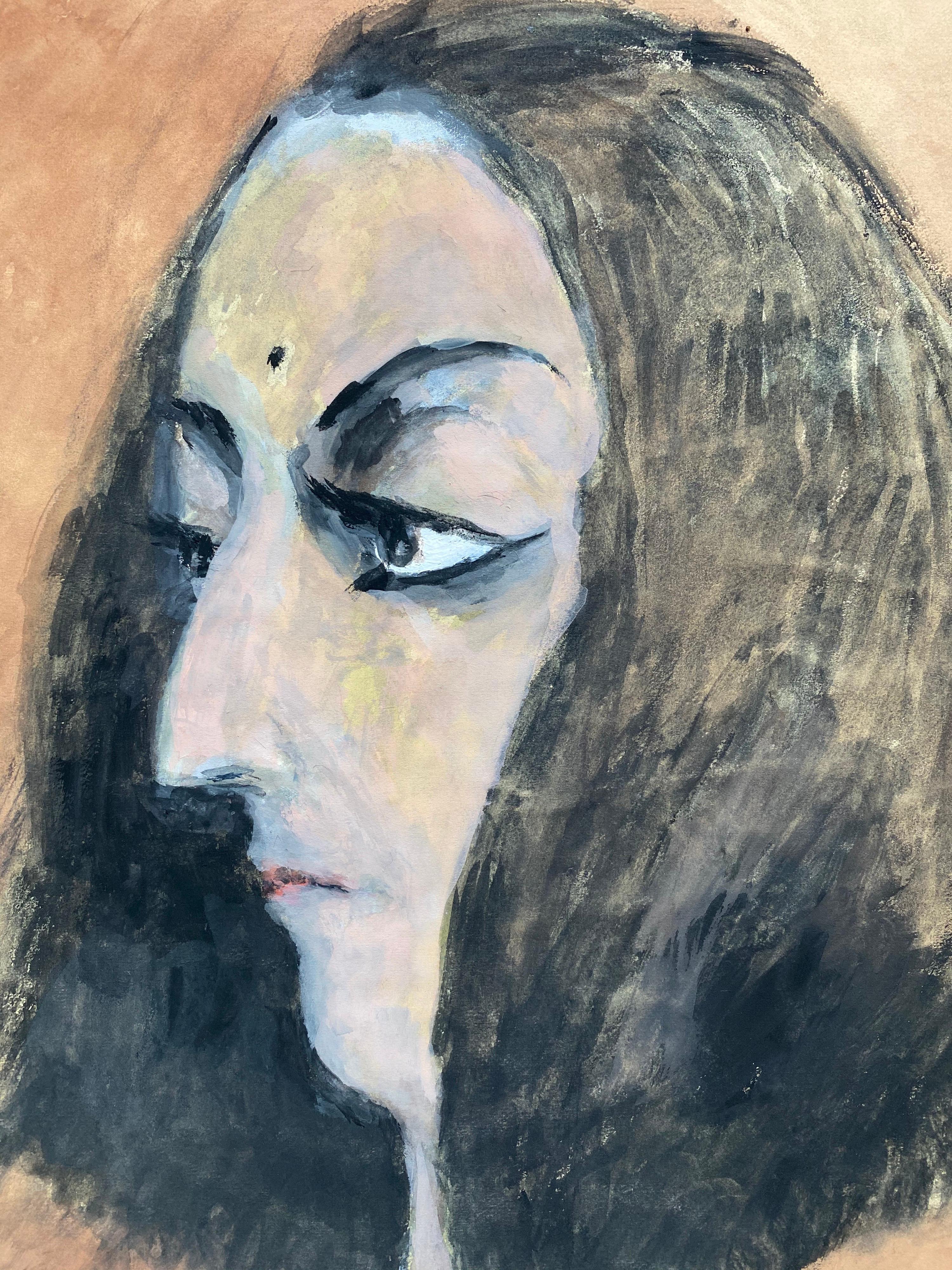 1960's French Portrait Brunette Stylish Lady Caricature - Beige Portrait Painting by Unknown