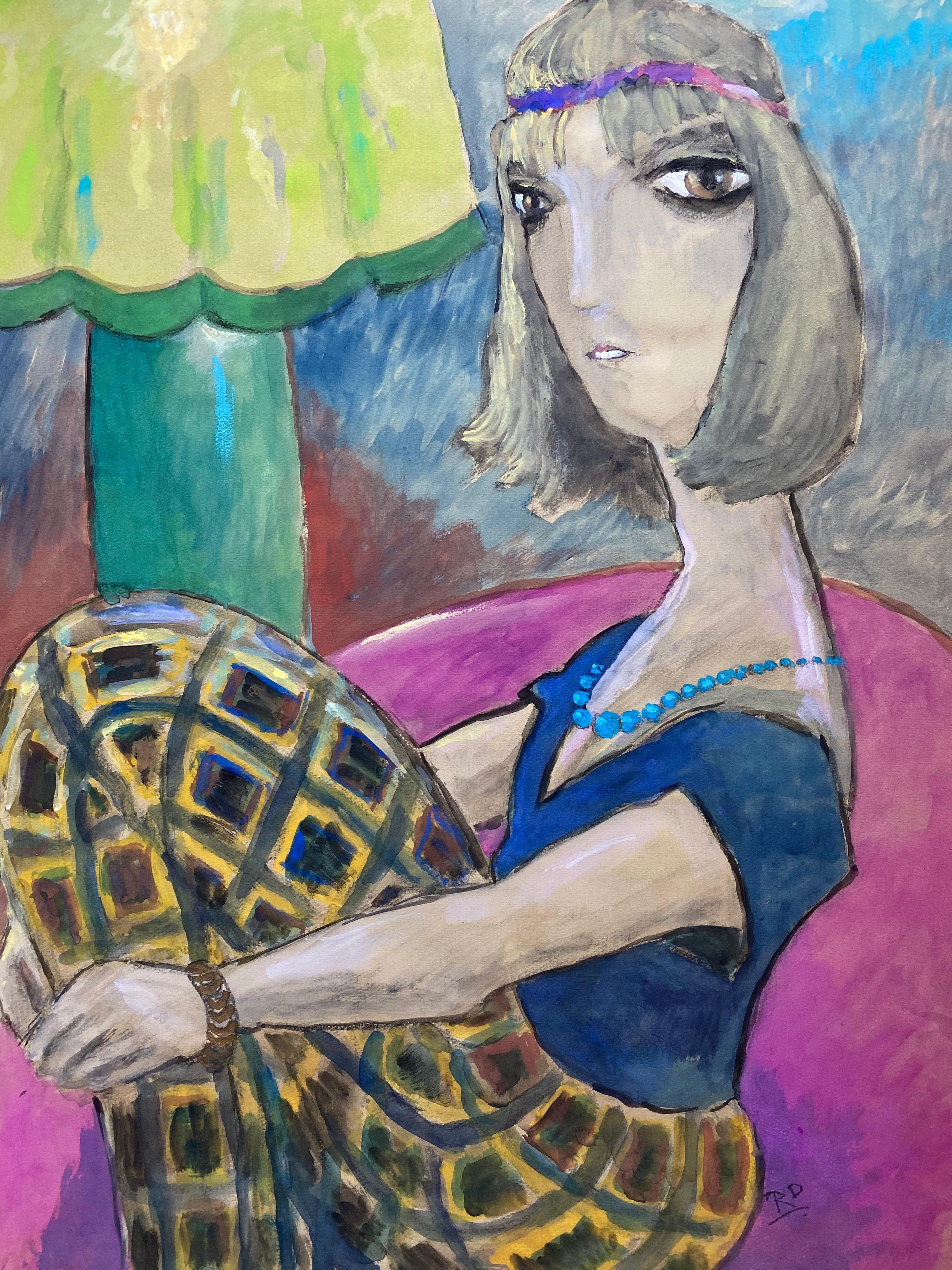 1960's French Portrait Caricature of Flapper Girl - Painting by Unknown
