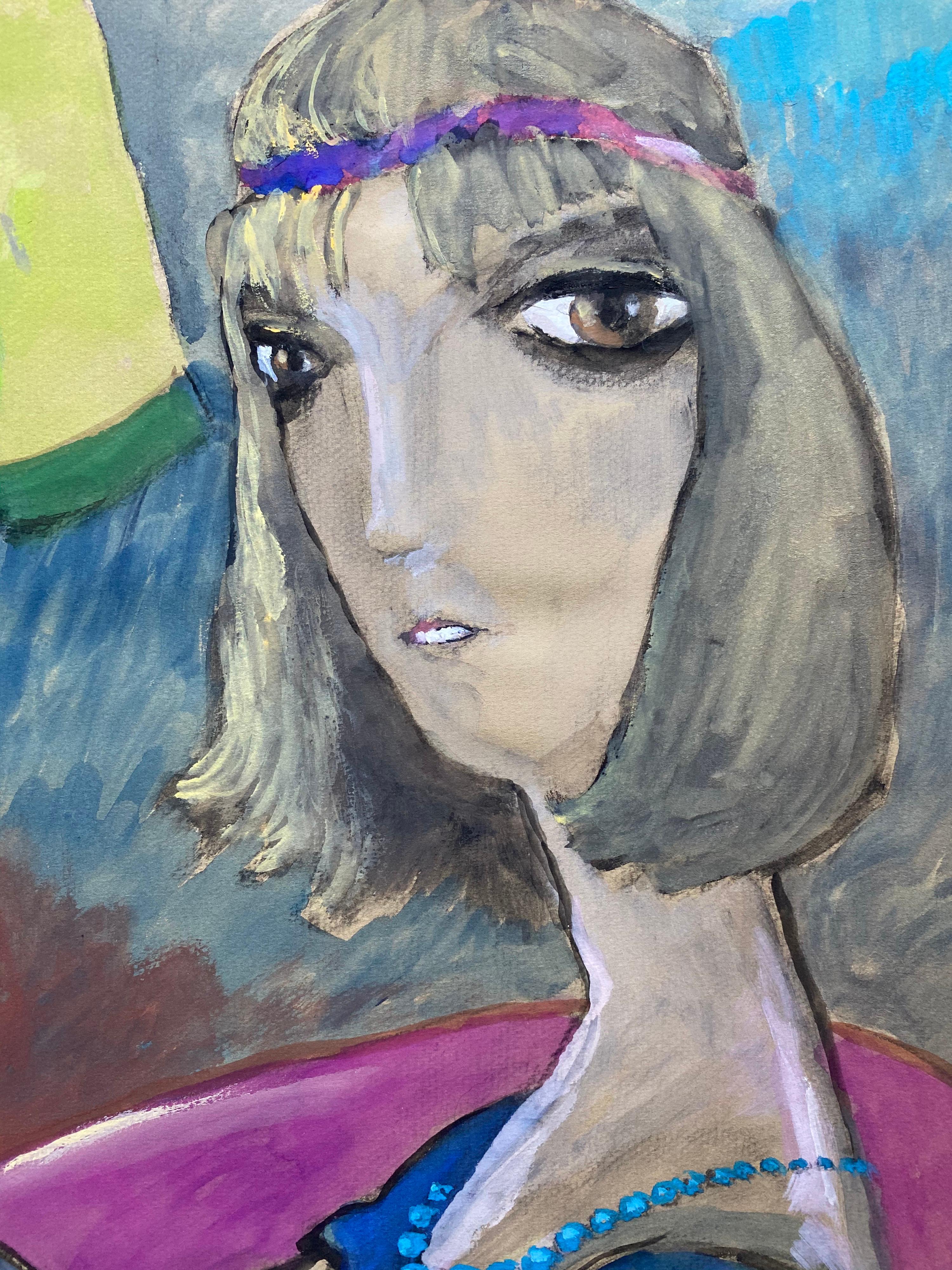 1960's French Portrait Caricature of Flapper Girl