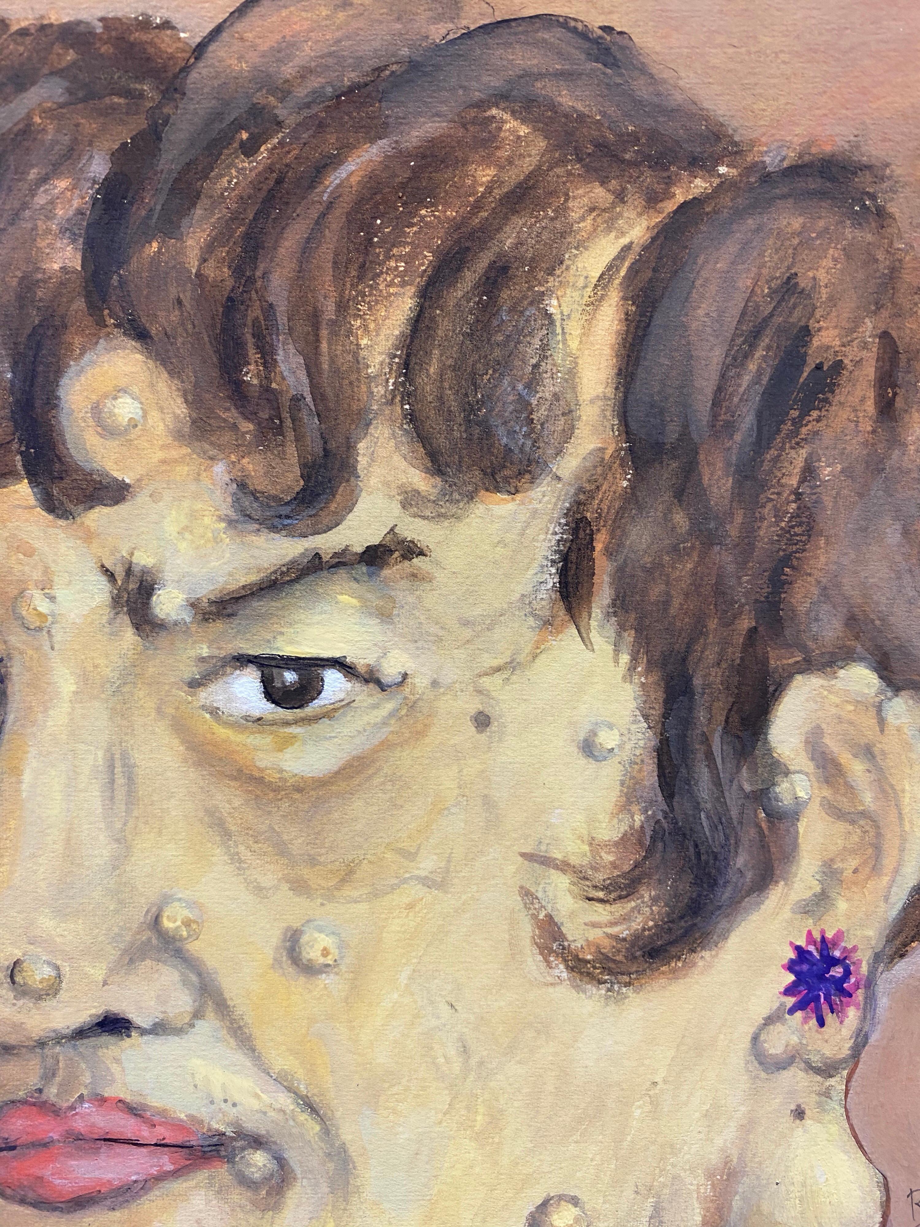 1960's French Portrait Character Caricature - Brown Portrait Painting by Unknown