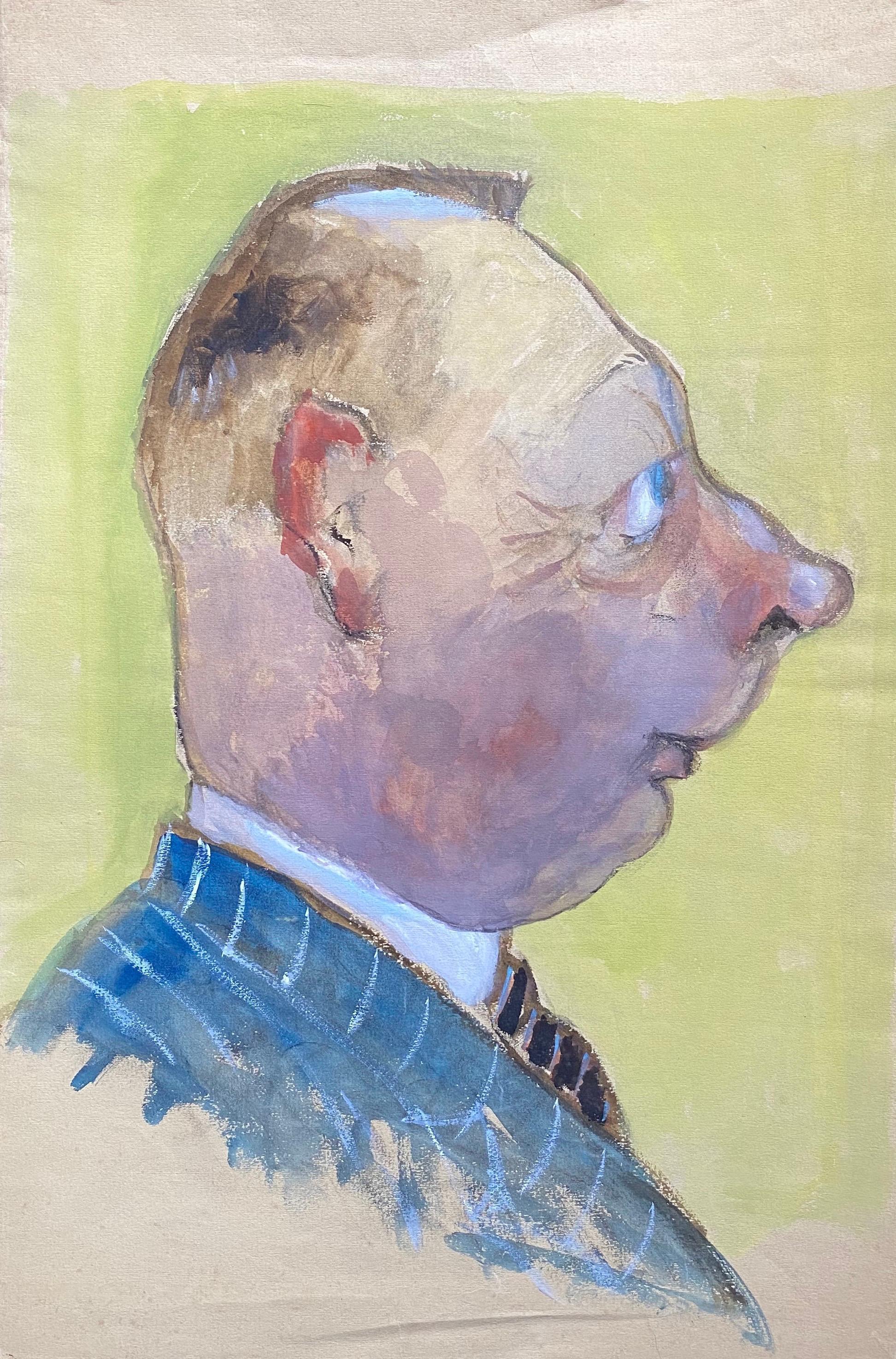 Ritratto francese degli anni '60 di un uomo di città con un abito a righe a spillo Caricatura - Painting di Unknown