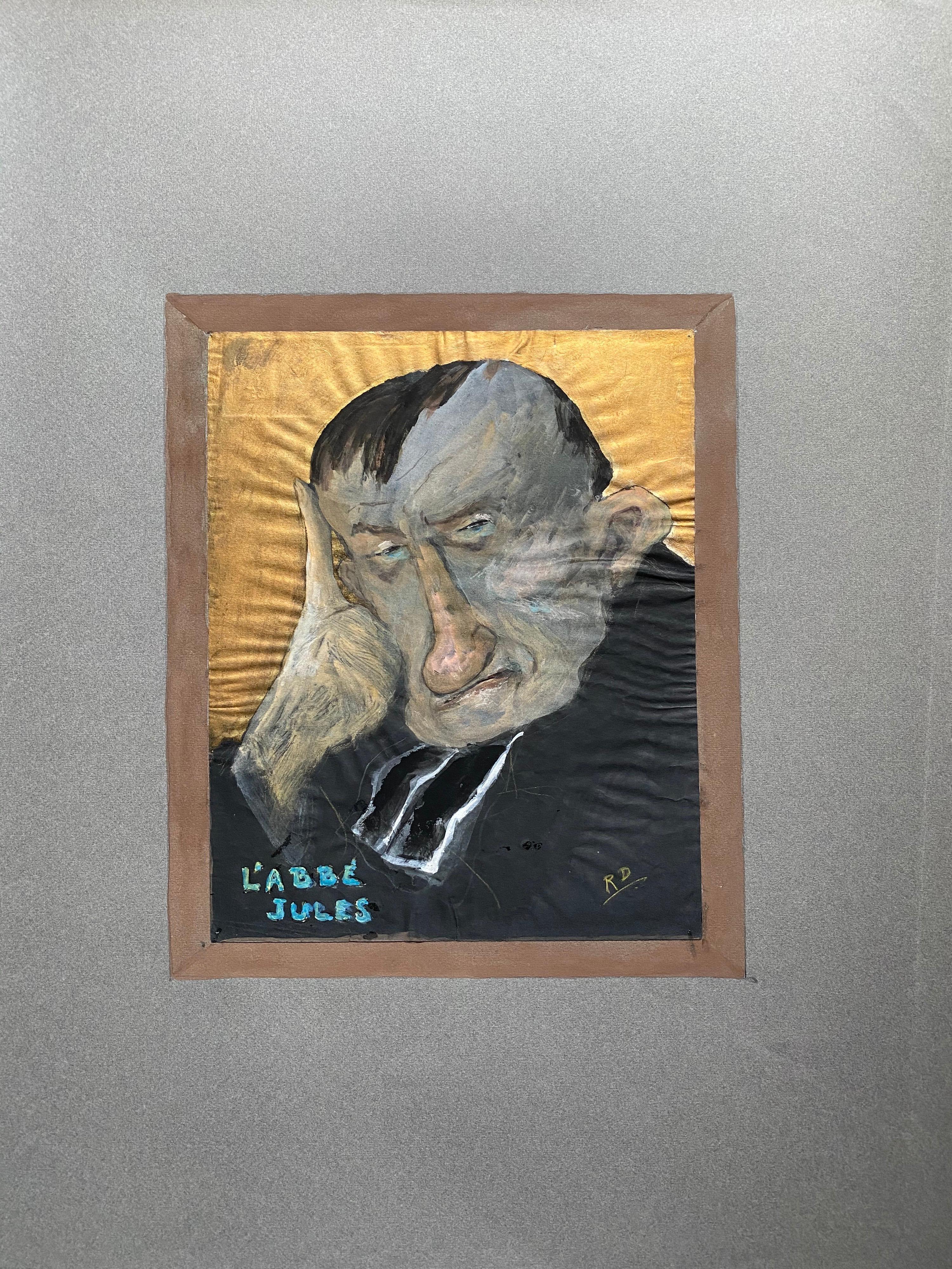 1960's French Portrait Clerical Man Caricature - Painting by Unknown