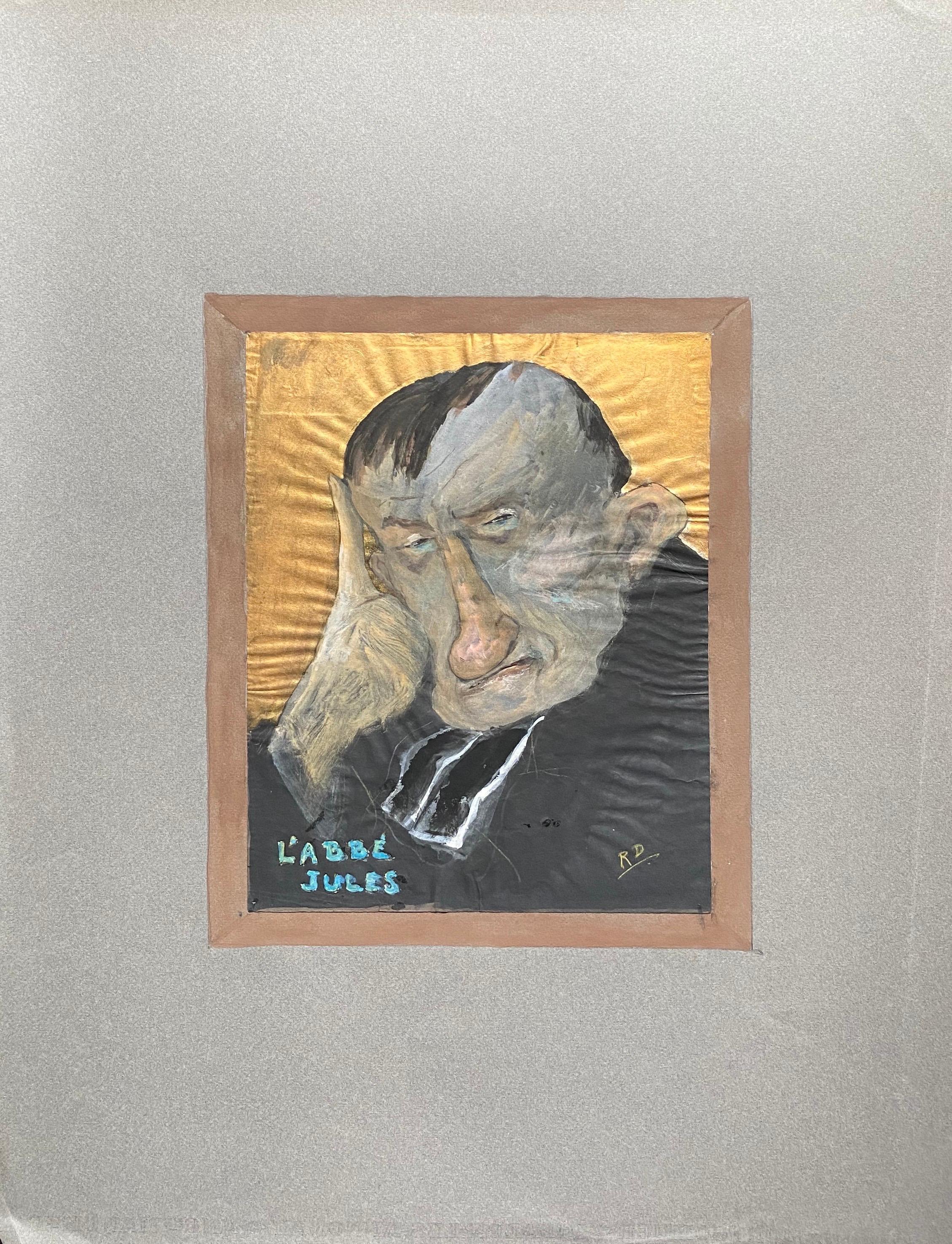 1960's French Portrait Clerical Man Caricature - Gray Portrait Painting by Unknown