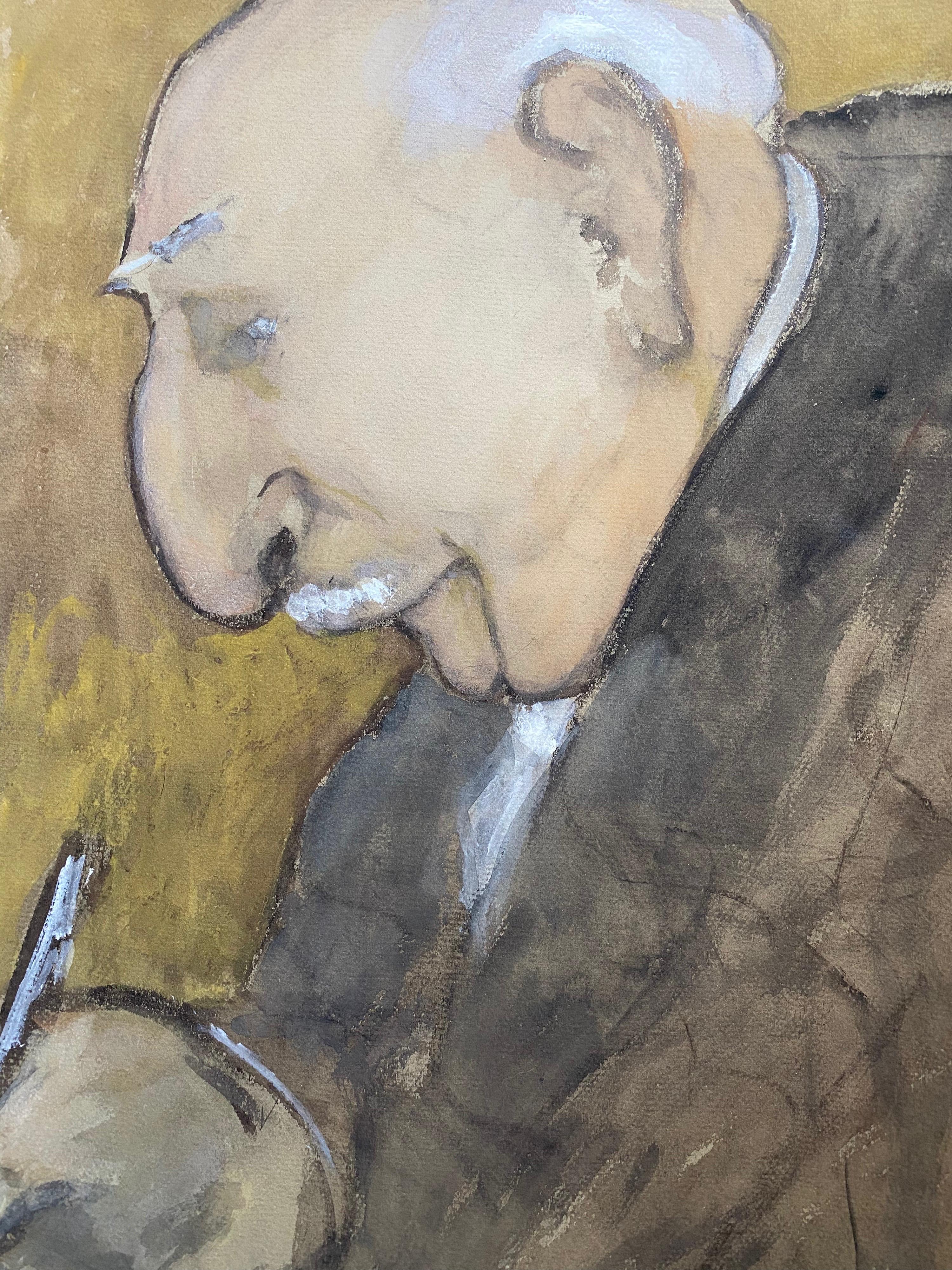 1960's Retrato Francés Anciano con Bolígrafo - Caricatura - Painting de Unknown