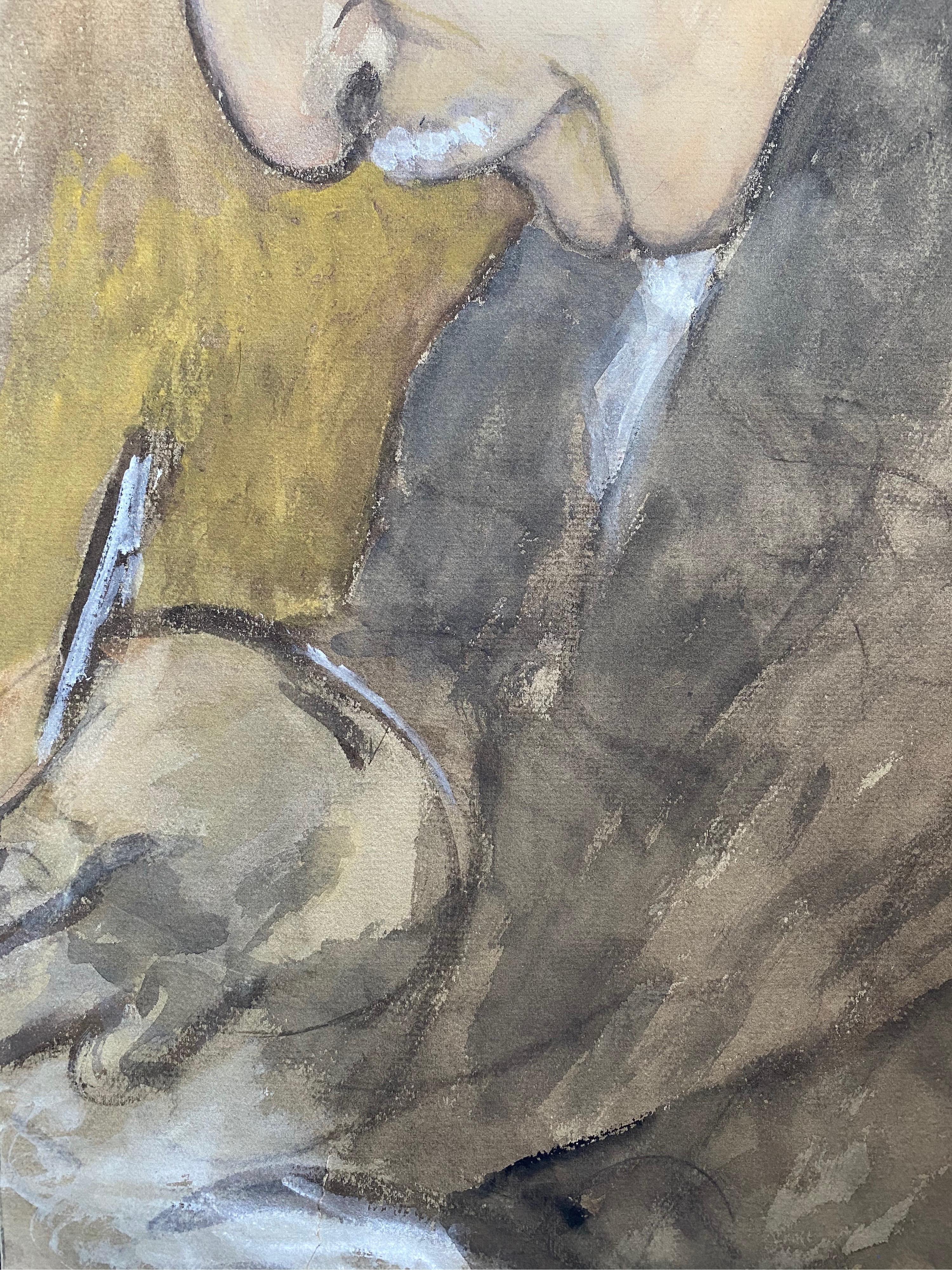 Portrait français des années 1960 d'un homme âgé avec un stylo - Caricature - Marron Portrait Painting par Unknown