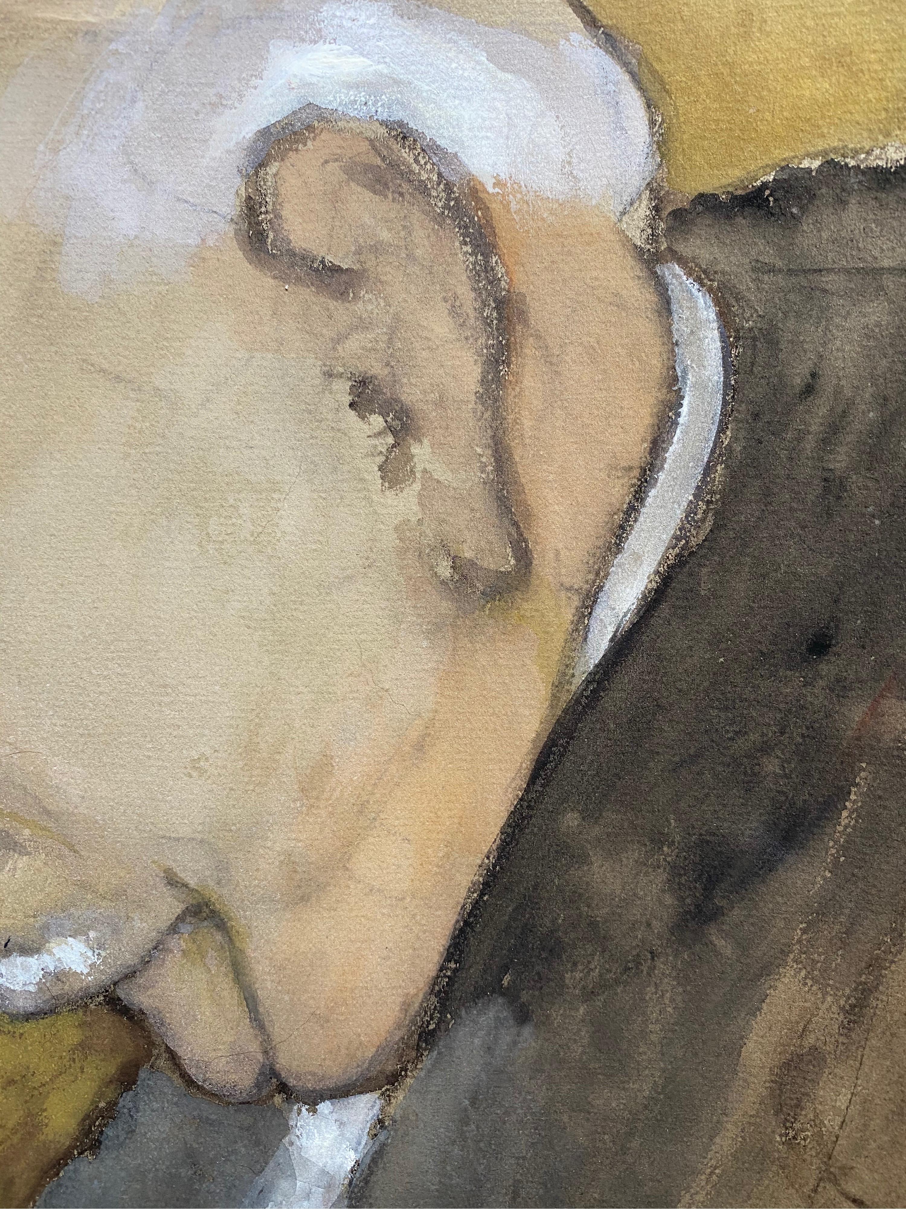 1960's Retrato Francés Anciano con Bolígrafo - Caricatura - Portrait Painting Marrón de Unknown