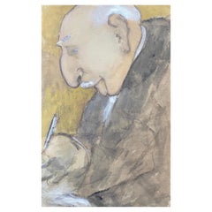 Portrait français des années 1960 d'un homme âgé avec un stylo - Caricature