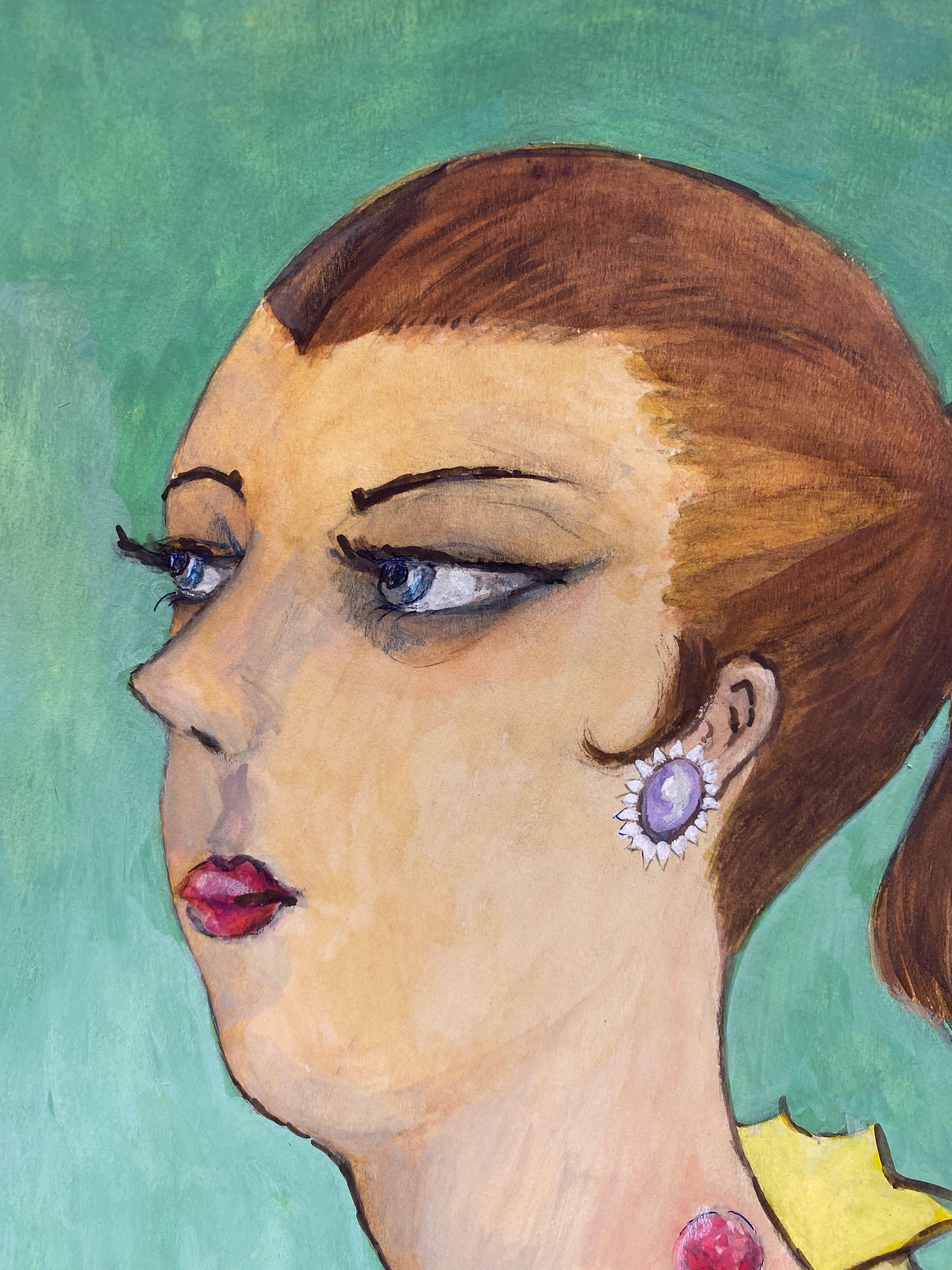 Ritratto francese degli anni '60 Signora elegante con caricatura del collo - Painting Impressionismo di Unknown