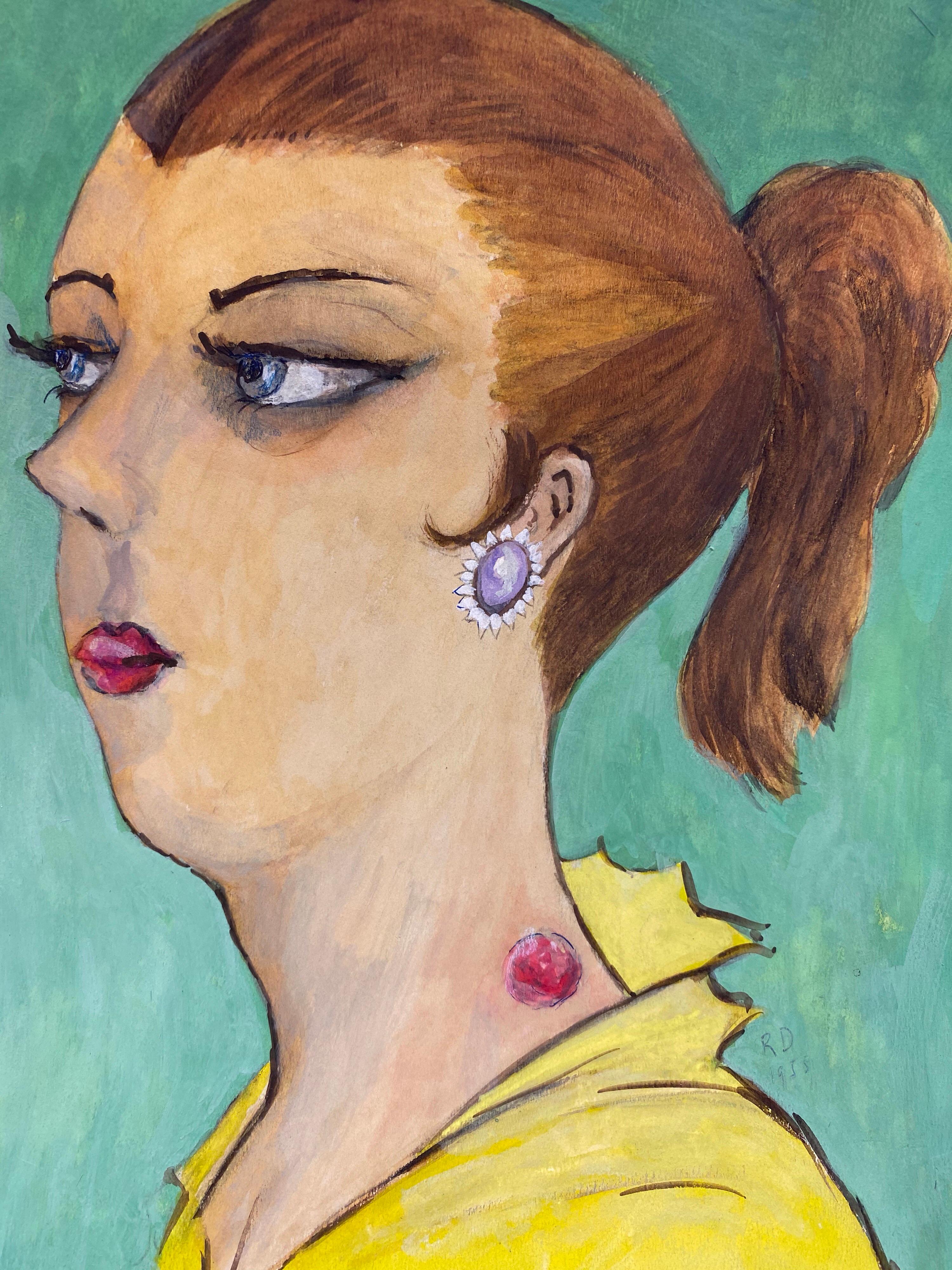 Ritratto francese degli anni '60 Signora elegante con caricatura del collo - Figurative Painting Grigio di Unknown